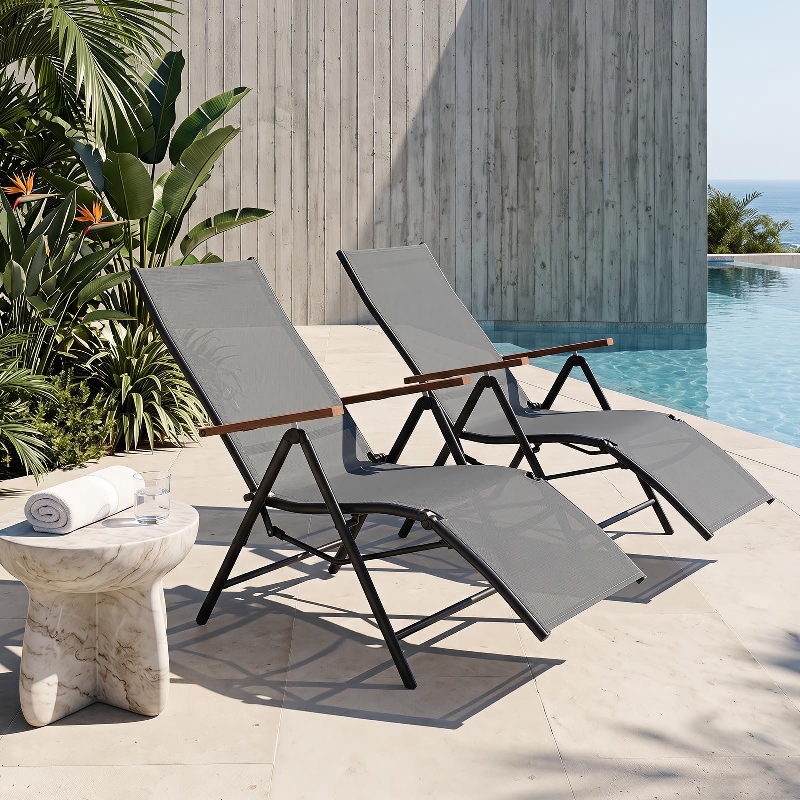 COSTWAY Chaise Longue Jardin Pliante, Dossier Réglable en 6 Positions, Gris