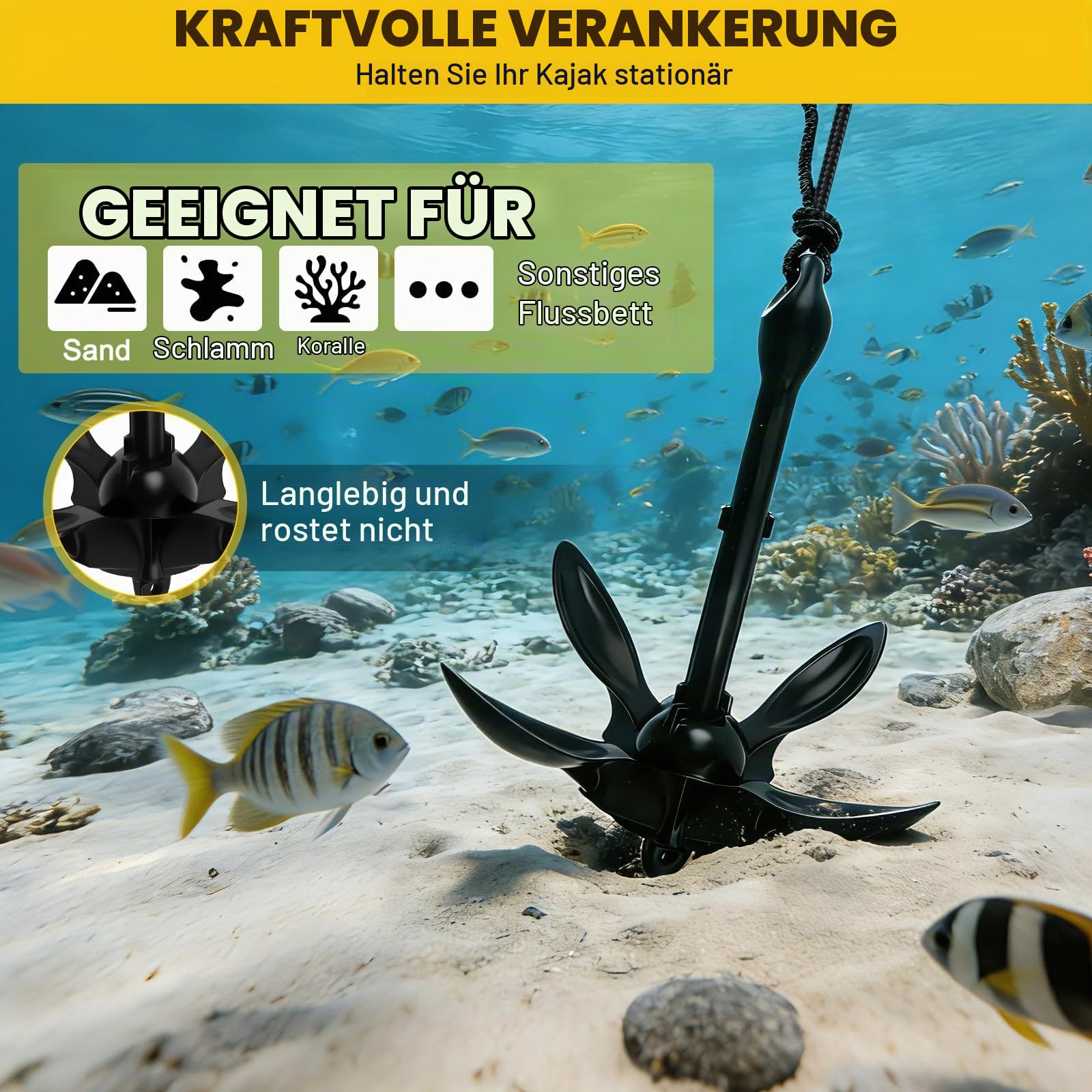 Anker Boot, 1,59KG Bootsanker Kajak Zubehör Klappanker Wurfanker mit 10M Ankerleine, Bojenkugel und Aufbewahrungstasche, Anker Bootsanker für SUP, Schlauchboot, Paddelboot, Schwarz