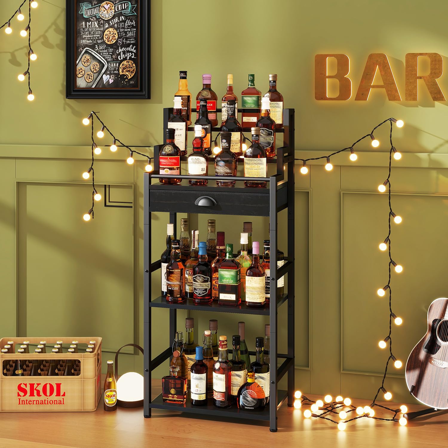IBUYKE Stufen Weinregal, Freistehend, Weinschrank mit Schublade und Ausstellungsregal für Whisky, Trapezförmiges Flaschenhalter für Bar, Wohnzimmer, Esszimmer,Schwarz TMJ915B
