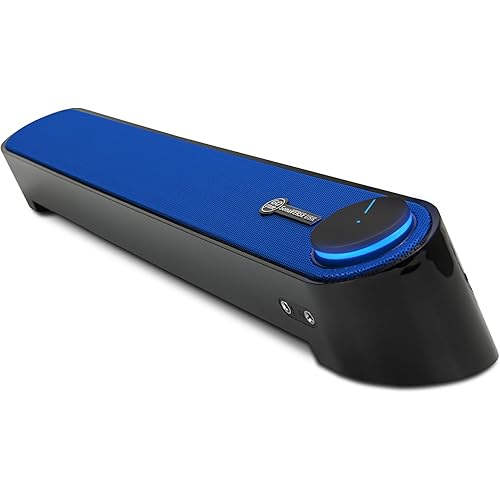 GOgroove Computer Speaker Mini Soundbar - USB Powered PC Sound Bar with Easy Setup Wired AUX, Stereo Audio, Microphone Port, Volume Control Knob, Under Monitor Design for Desktop (Blue)
