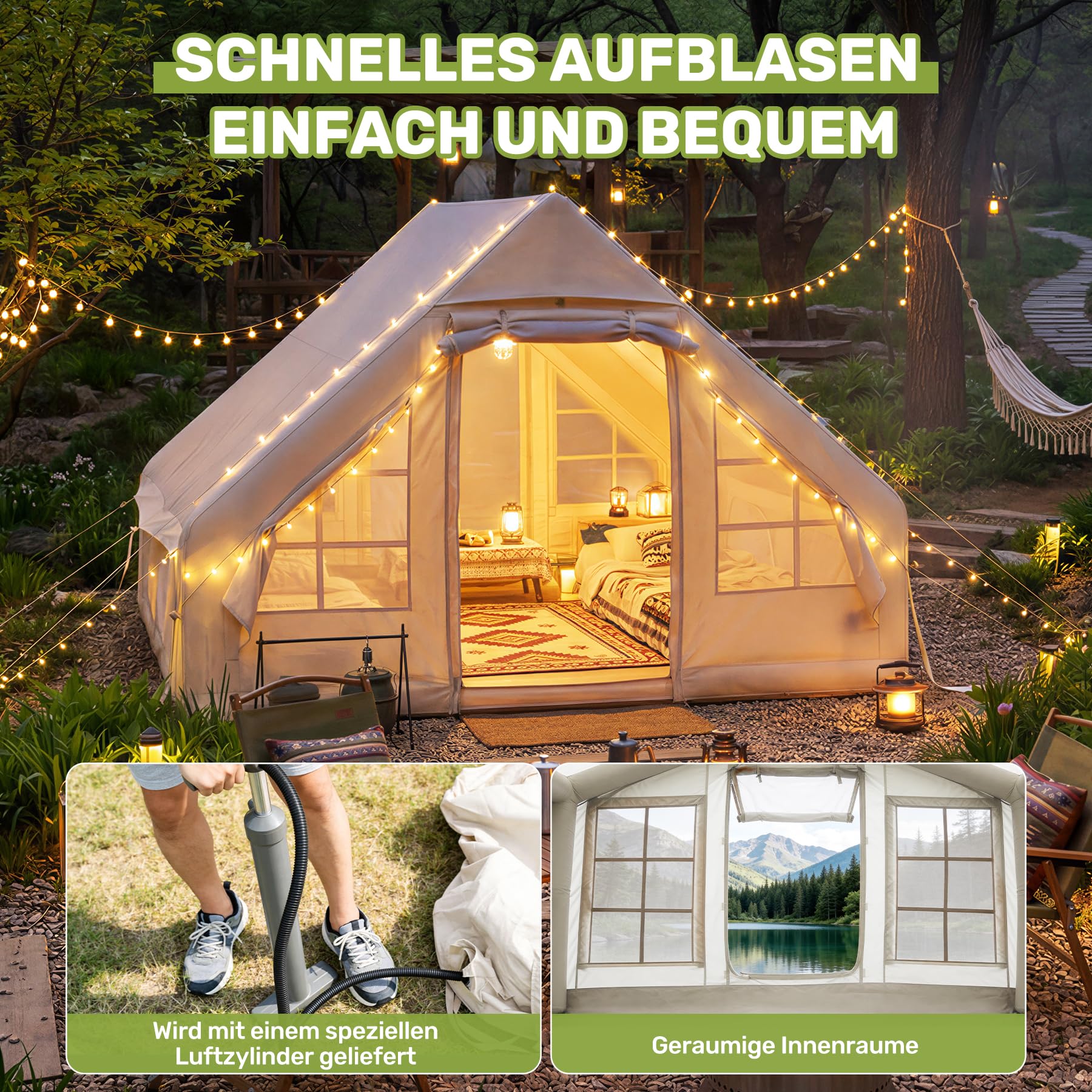 Hawthyhome Aufblasbares Zelt 3x2m, Campingzelt für 2-6 Per mit Luftpumpe aus Wasserdichtem Oxford-Stoff für Jahreszeiten, Schneller Aufbau Luftzelte