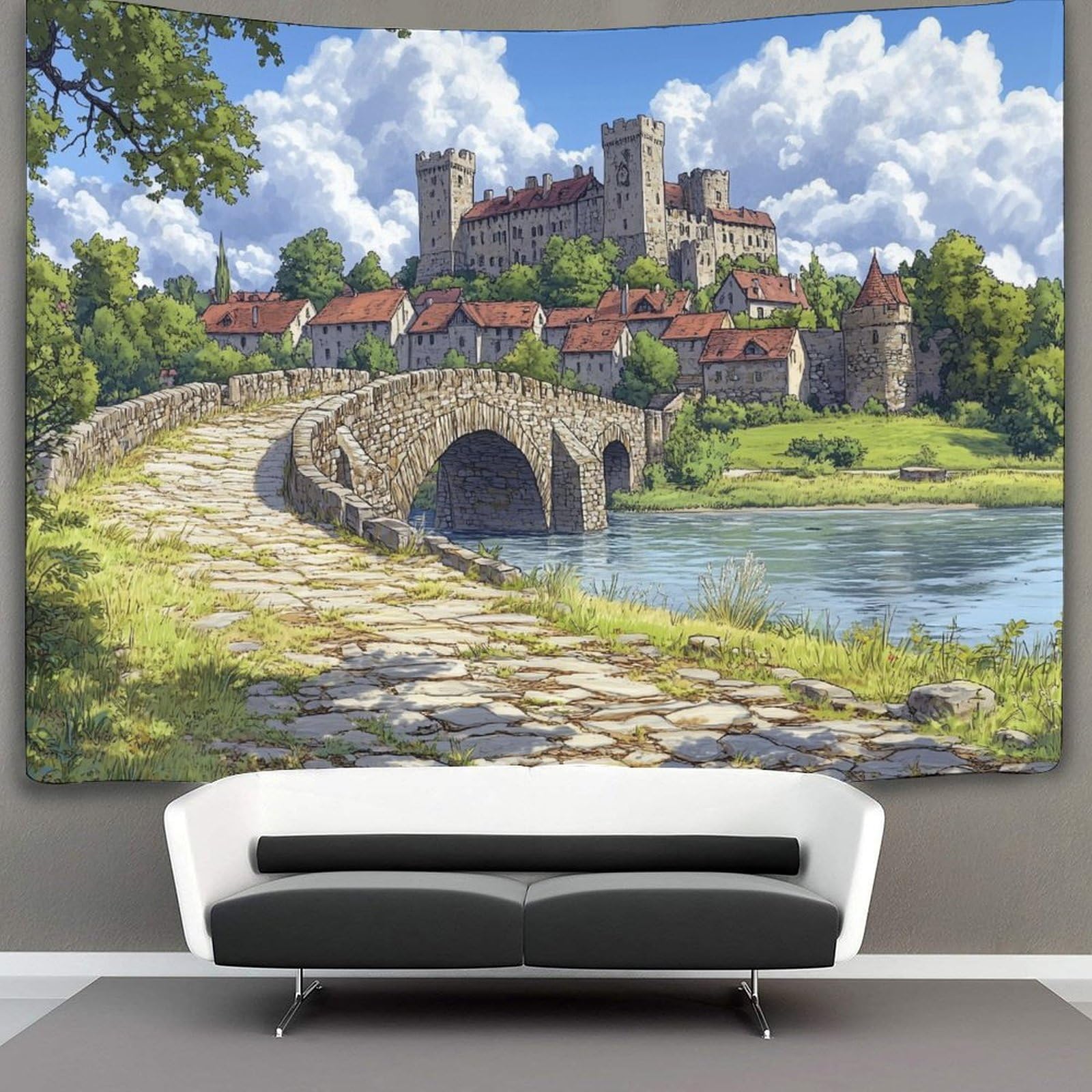 kaiyun Medieval Town Decor Tapestry,long Stone Bridge over The Lake Wall Art Tapestries Wall Hangings for Living Room Bedroom Dorm 150cmx200cm