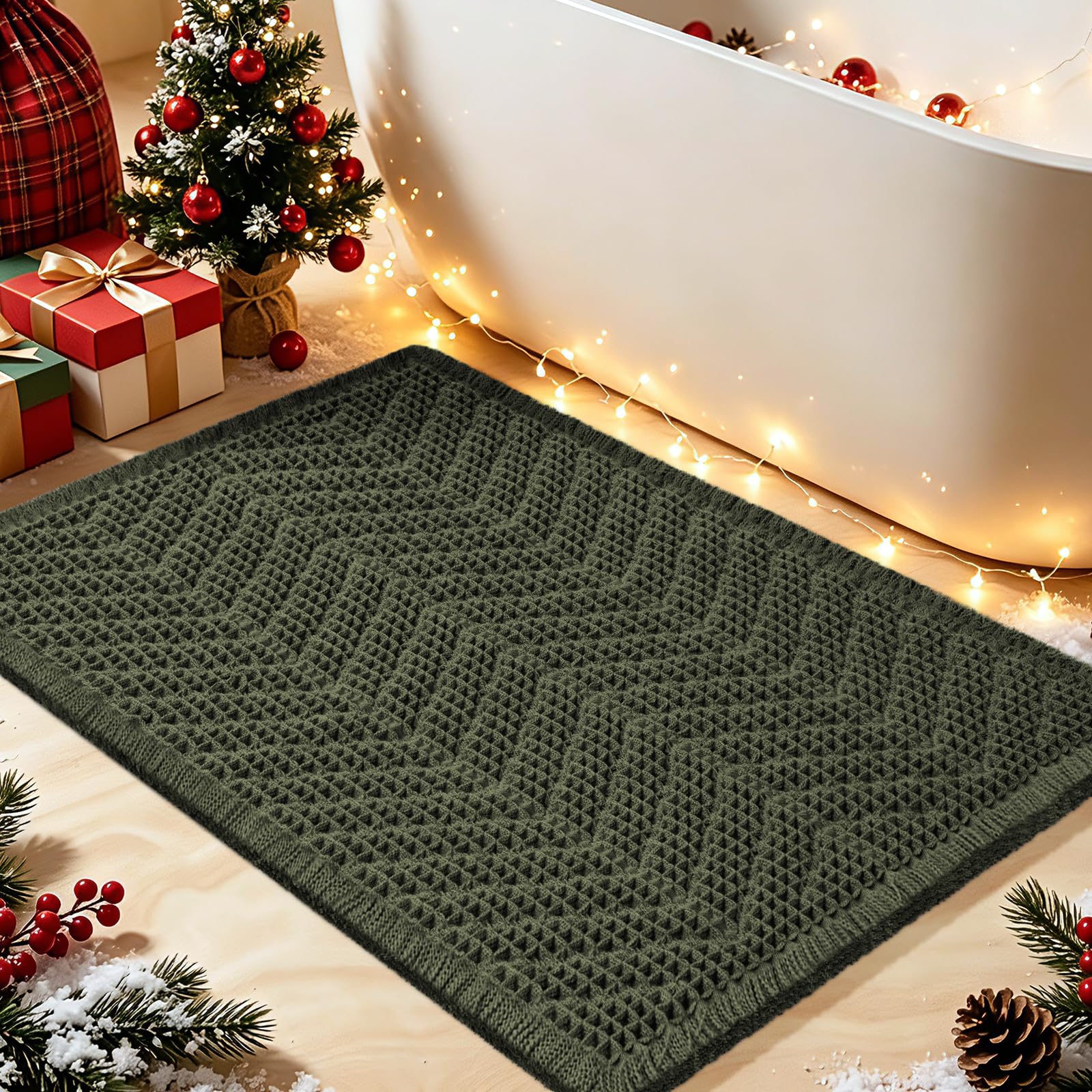 Waffle Bath Mat, Boho Woven Modern Bath Rug Absorbent Non Slip, Ultra Soft Bathroom Mats, Machine Washable Knit Bath Rugs with Herringbones for Bathroom, Bedroom, Kitchen, Shower, 32"x20", Dark Green