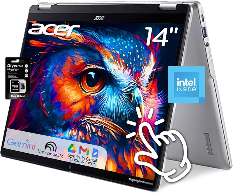 acer Chromebook 14" WUXGA Touch Flexible Laptop, Intel Processor N200, 4GB LPDDR5, 64GB eMMC+64GB SD Card, USB-C & A, HDMI, Google AI Pro, Bluetooth, Wi-Fi, Webcam, Speakers, Long Battery, Chrome OS