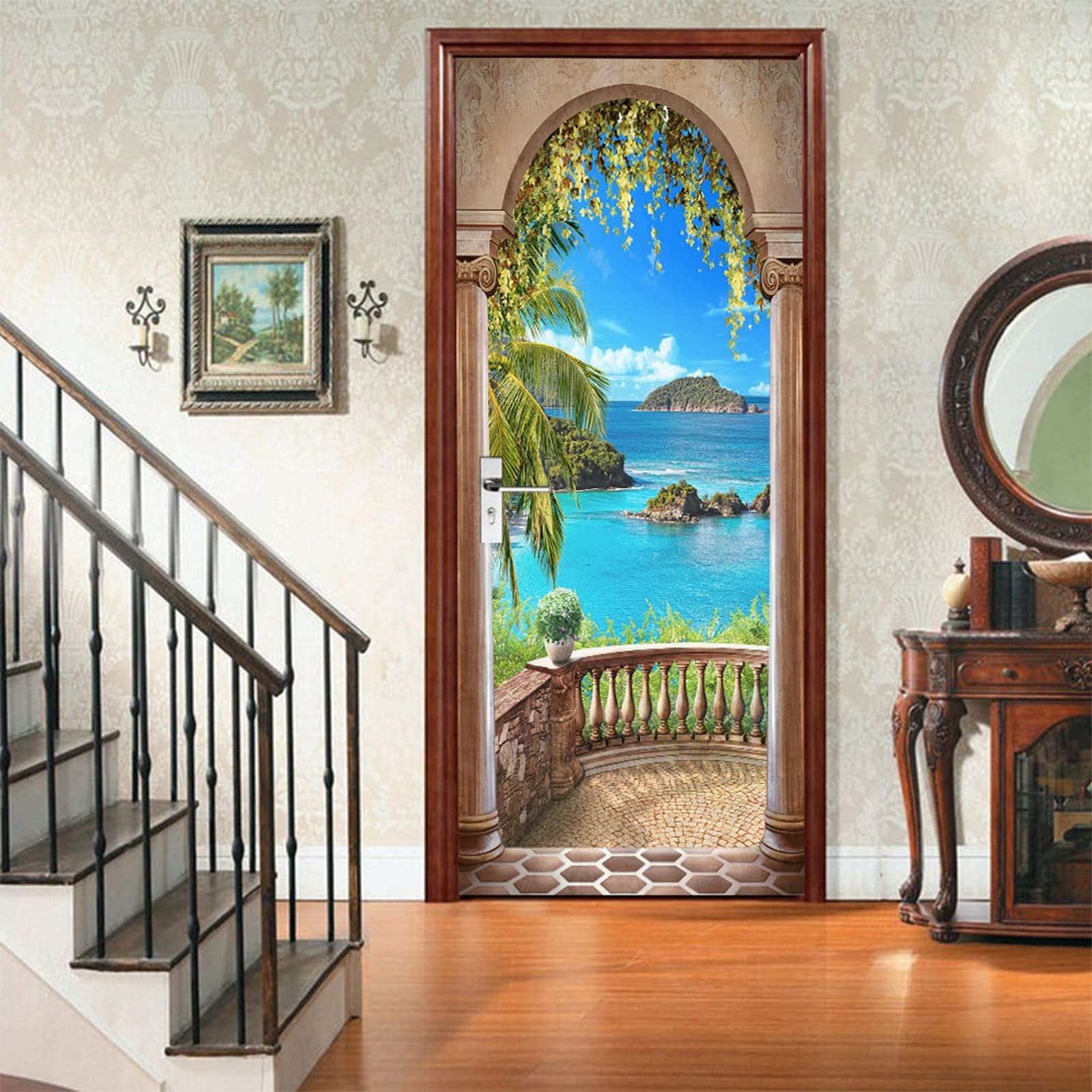 A.Monamour Türtapete Selbstklebend Türfolie Türposter 3D Blauer Meer Blick Durch Balkonbogen Vinyl Folie Türdeko Tapete Wandbild Türaufkleber Türtattoo 95 x 215 cm