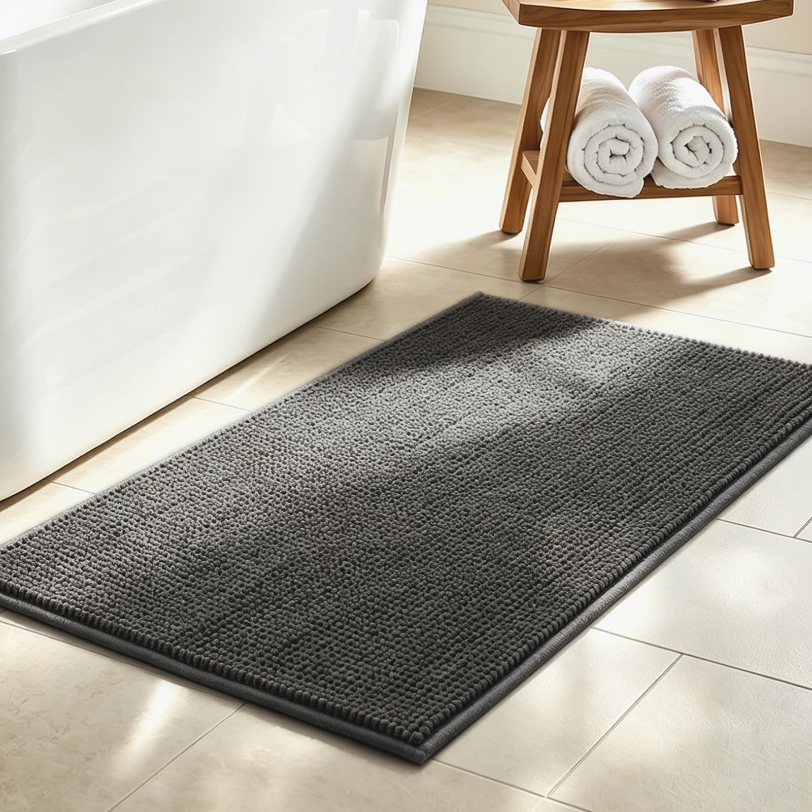 HITSLAM 80x50cm Chenille Bath Mat Non Slip, Ultra Absorbent, Charcoal