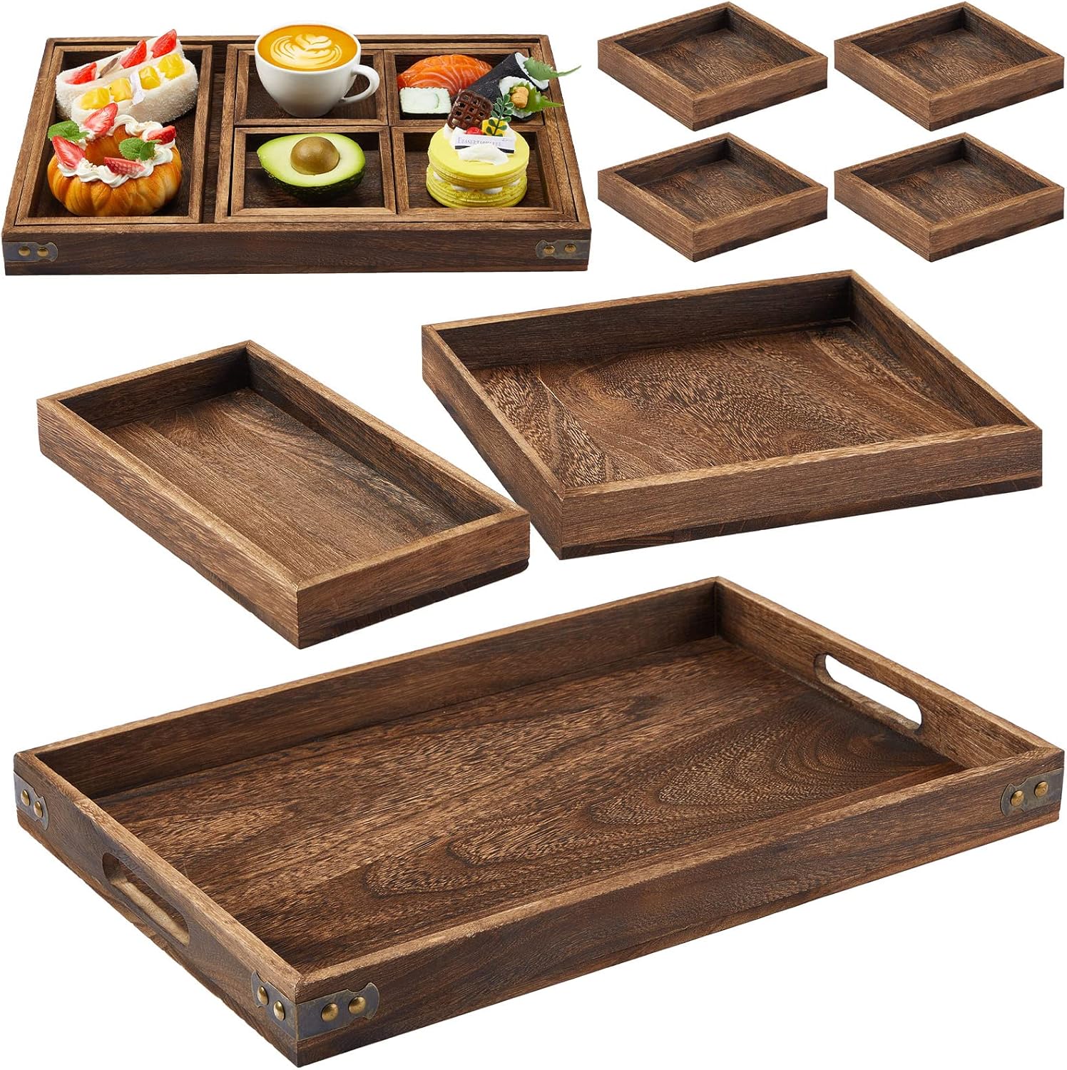 Zopeal 2 Set of 14 Pcs Wooden Serving Trays with Handle