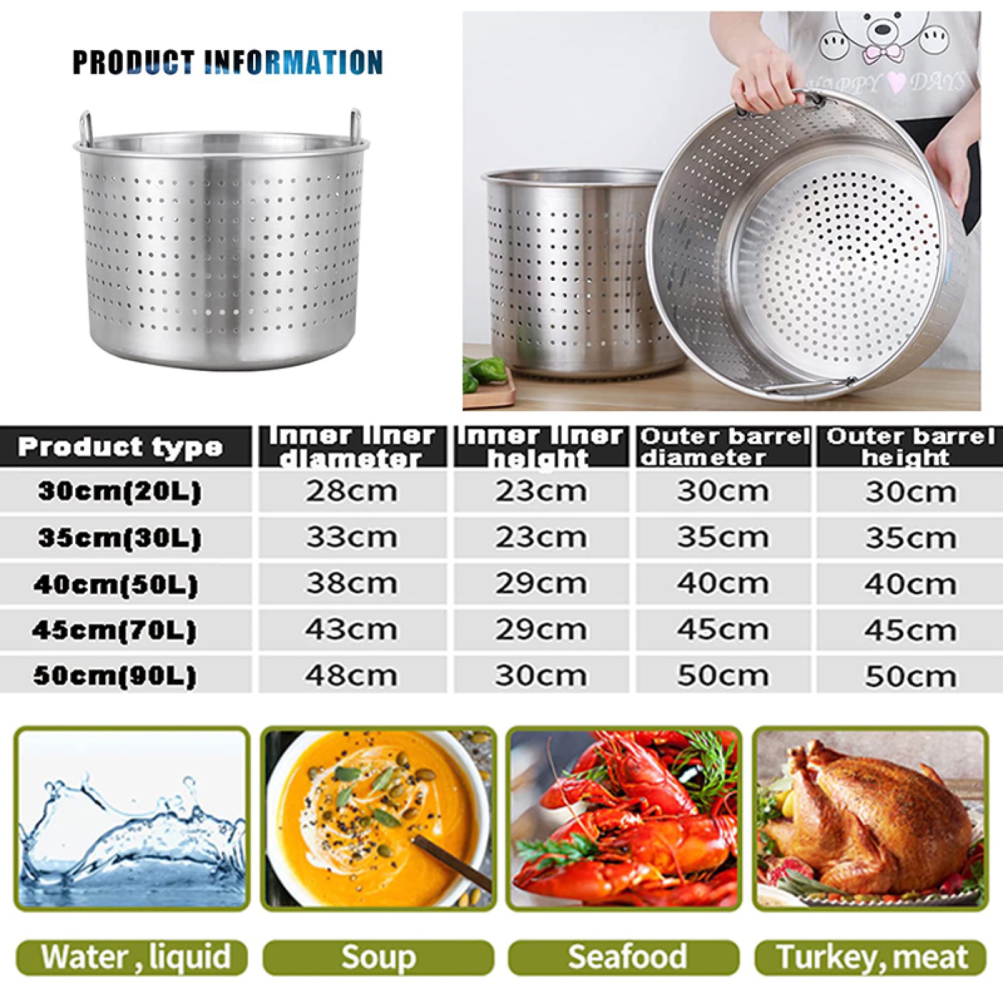 Marmite Robuste en Acier Inoxydable 27/45/63 pintes - Friteuse Professionnelle pour Dinde et Grande marmite à écrevisses avec passoire pour la Cuisine à la Maison et en extérieur - Argent
