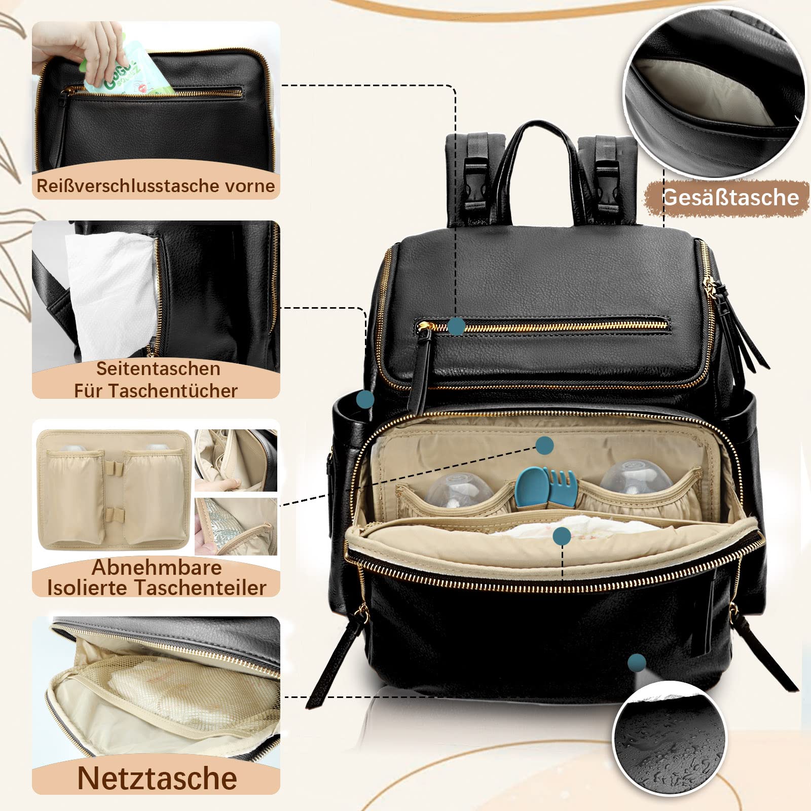 MISS FONG Baby Wickelrucksack Wickeltasche, Leder Wickelrucksack Groß Babytaschen Rucksack Lässig mit Multifunktions, 19 Wickeltasche Organizer, Wickelunterlage, Wickeltasch Kinderwagen Haken-Schwarz