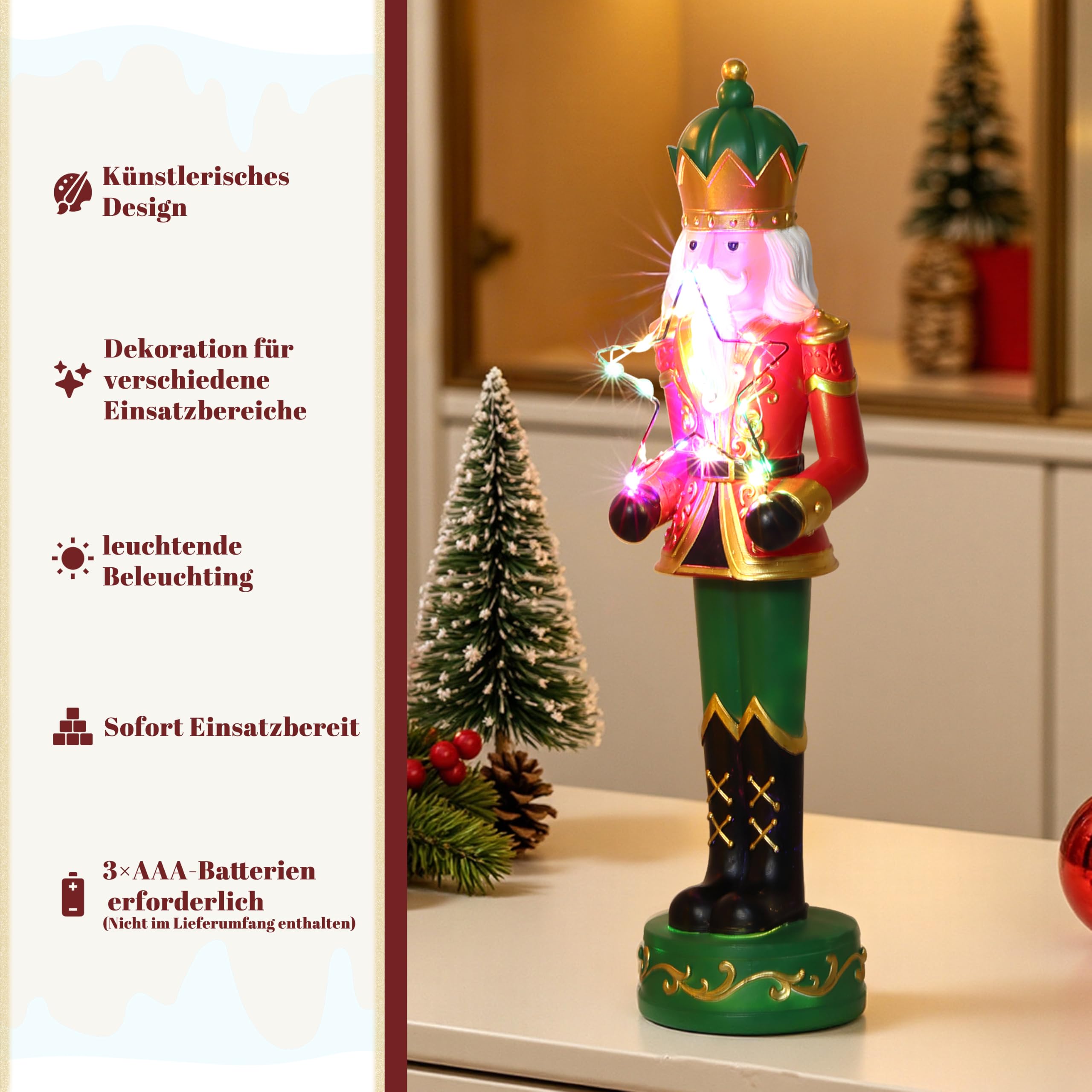 Hometopia Nussknacker Figur mit LED-Stern, 46 cm, Weihnachten Deko Rot-Grün