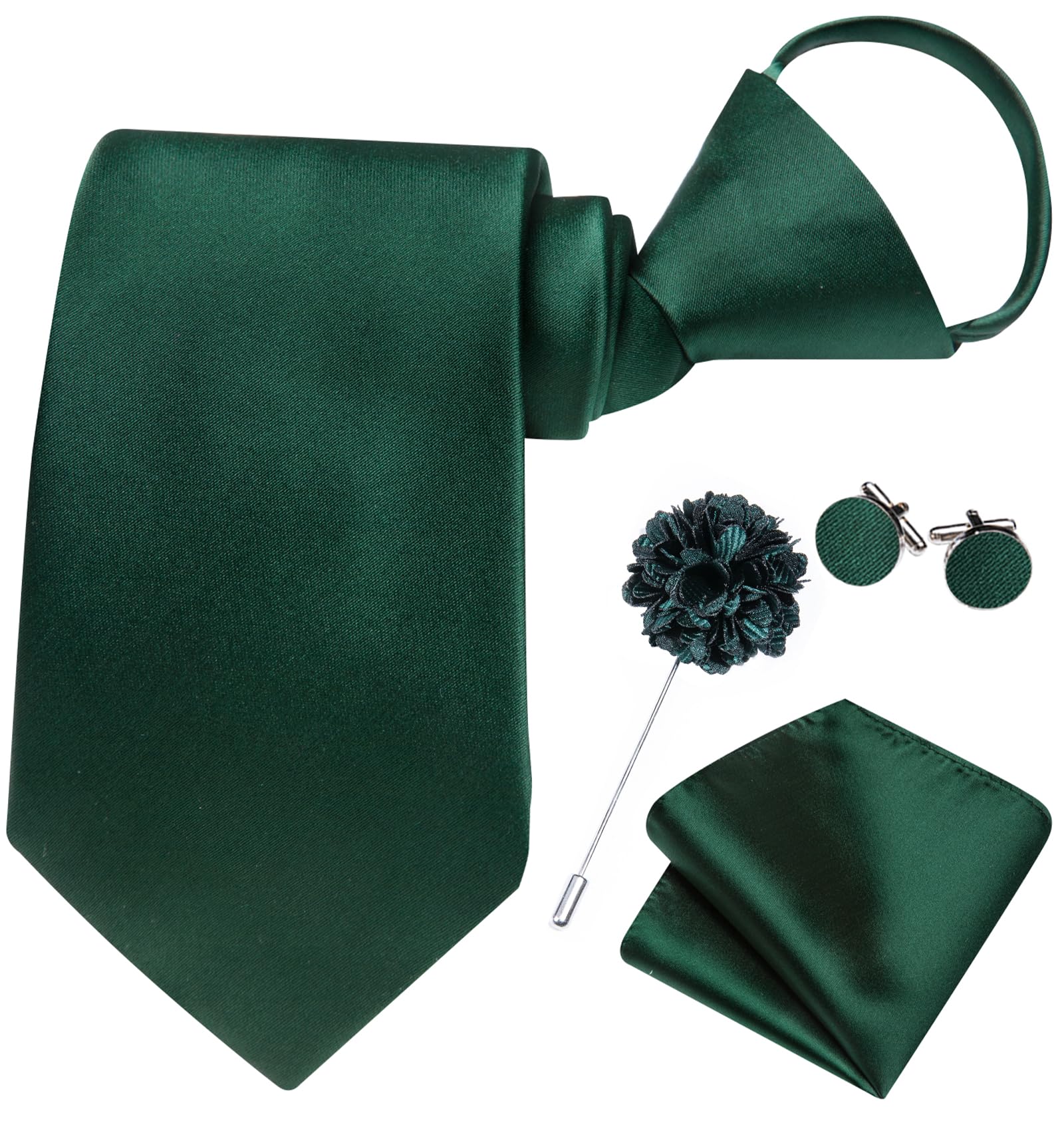 Hi-Tie Zipper Ties for Men Dark Green Pre-Tied Necktie Lapel Pin Pocket Square Cufflinks Set