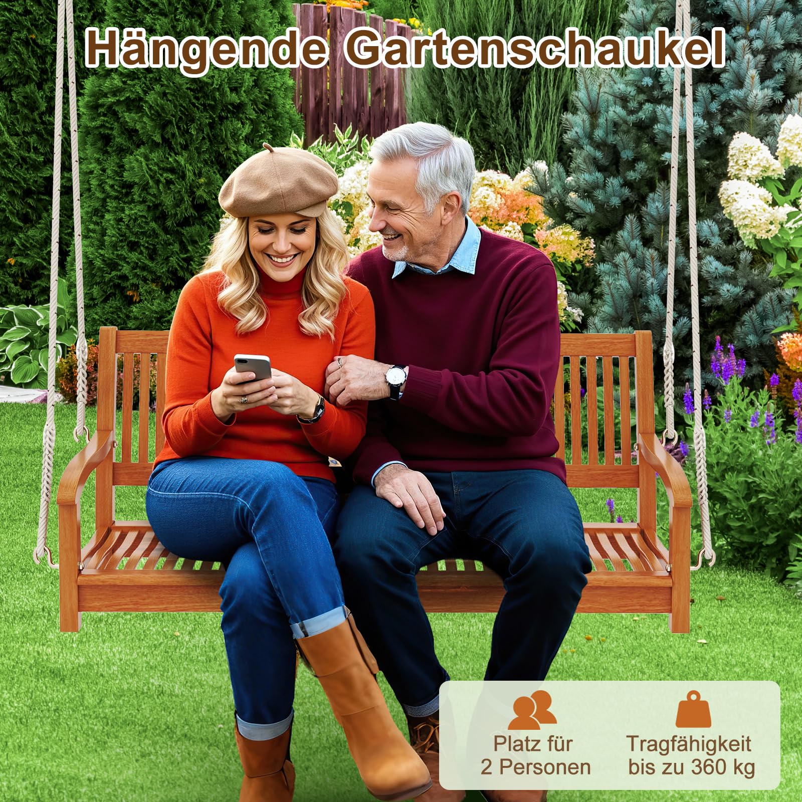 COSTWAY Schaukelbank 2-Sitzer, Veranda-Schaukel bis 360 kg belastbar, Hängebank Gartenschaukel zum Aufhängen, Hollywoodschaukel aus Akazienholz, Schaukel für Terrasse & Garten & Balkon