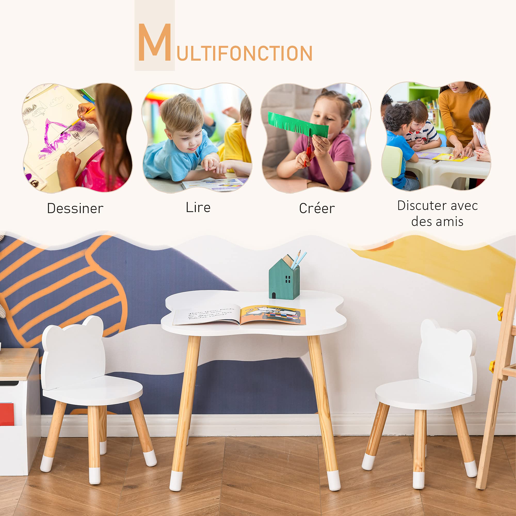 HOMCOM Ensemble Table et chaises Enfant Design scandinave Motif Ourson Bois pin MDF Blanc