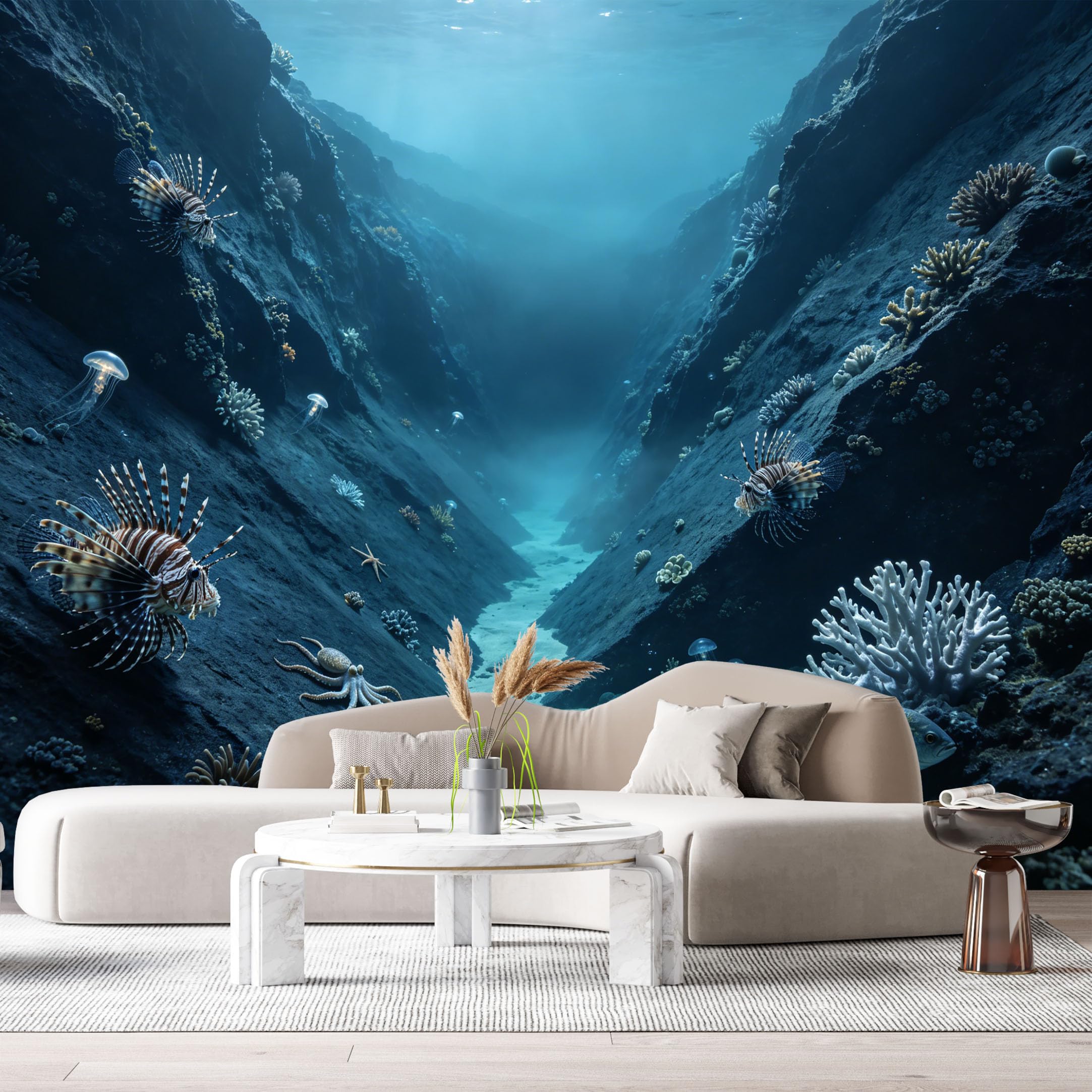 Custom Size Wall Murals Deep Ocean Marine 3D Trompe L'Oeil Underwater Canyon Lionfish Octopus Coral Reef SelfAdhesiveWall Fabric Removable Wallpaper Wall Decor for Living Room Bedroom