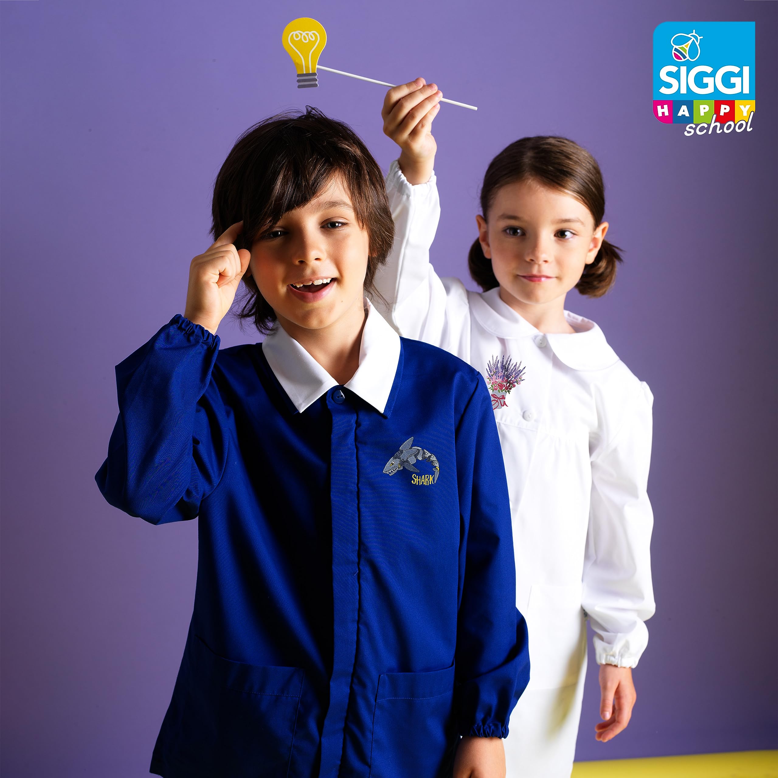 siggi Girls Elementary School Apron White Black Blue Buttons, White, 10 Years