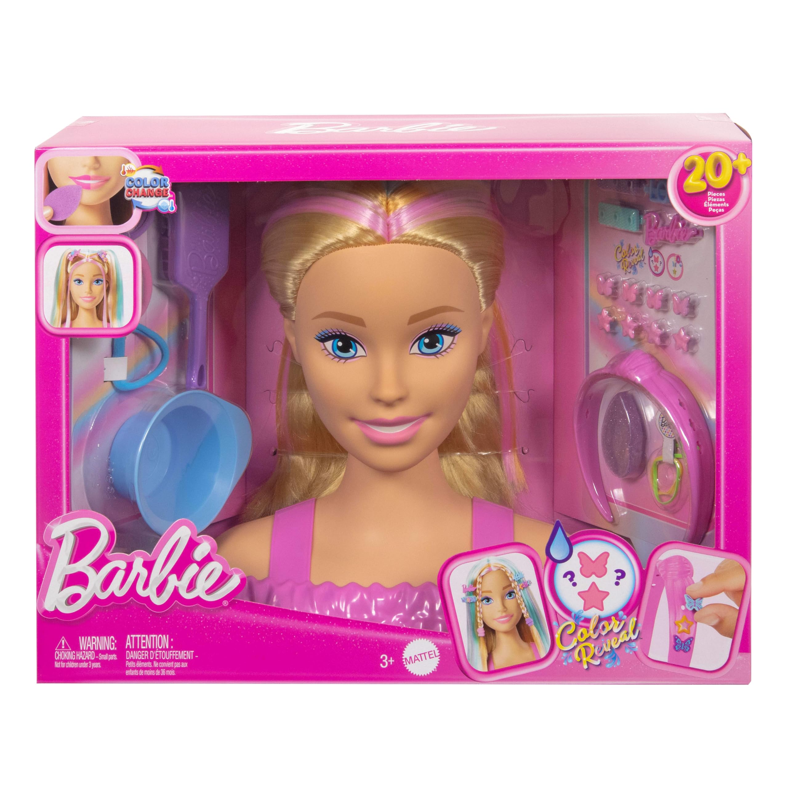 Barbie - Styling Head Deluxe, capelli biondi con oltre 20 accessori per acconciature, fermagli per capelli a stella o farfalla cambia colore, giocattolo per bambini, 3+ anni, JFG81