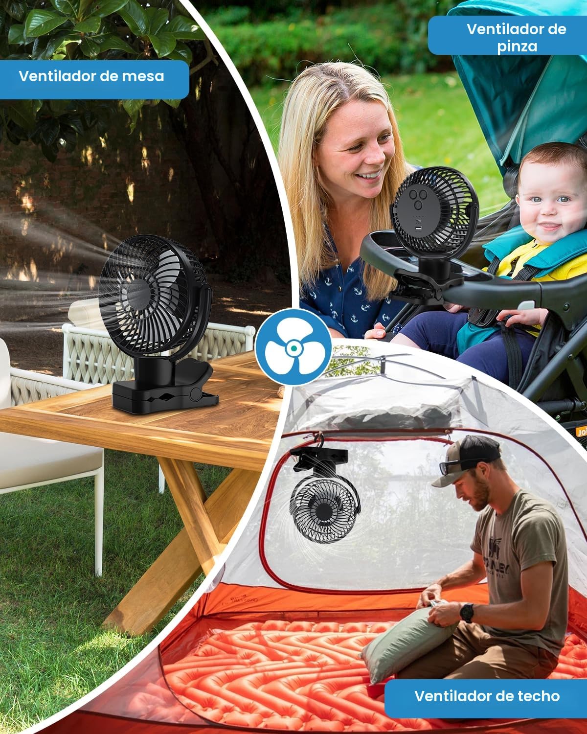 360° Oscilación Ventilador Pinza con Mando a Distancia - 10000mAh Portatil Recargable USB Ventilador de mesa - Silencioso Mini Clip Ventilador Camper 4 Niveles & Temporizador - luz LED- 75H - Ø17.5cm