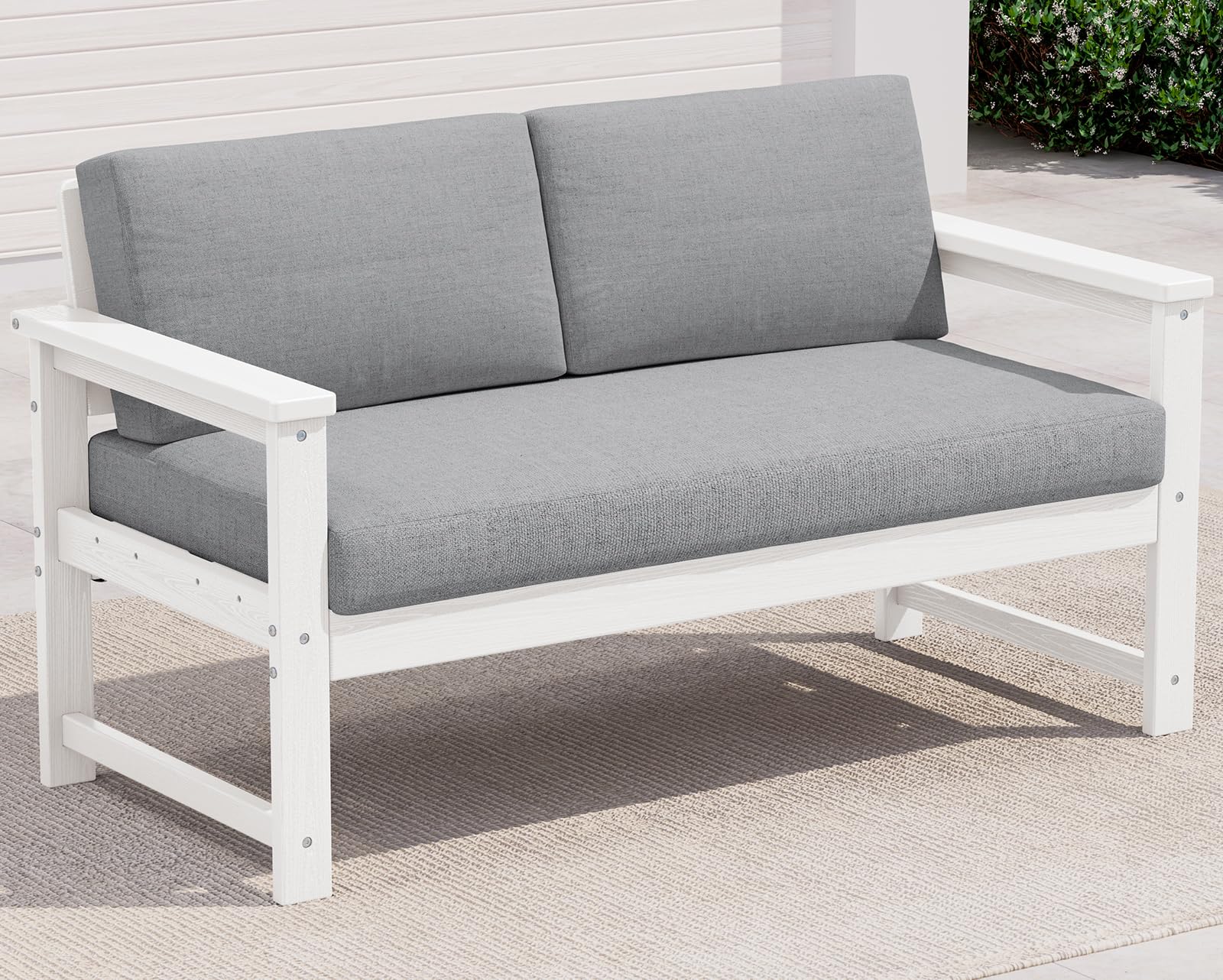 SERWALL HDPE Outdoor Loveseat with Cushion, Outdoor Sectional Furniture Set