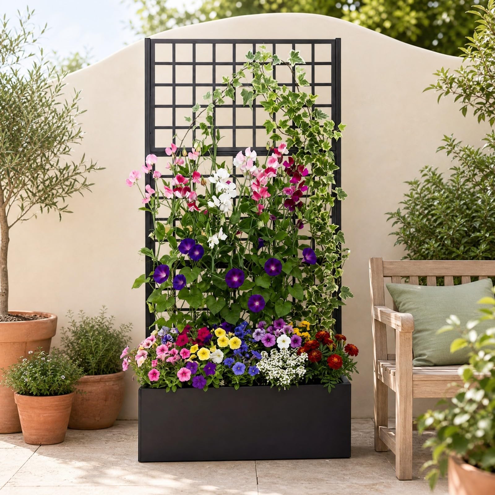 HOMASIS Jardinière avec Treillis en Métal (Rectangle, 90 x 40 x 180 cm) | Bac à Fleurs Surélevé Trous de Drainage pour Plantes Grimpantes, Jardinière Brise-Vue Extérieure
