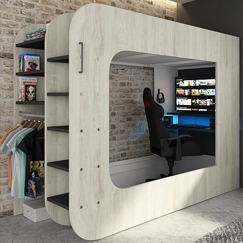 Trasman Gaming PodBed Solo High Sleeper Kids & Adults Single Bed Frames with Desk Left Or Right Ladder Placement Design Solid Cascina Wood Bedframe, Open Wardrobe (Cascina - with sofa bed) - Cascina - With Sofa Bed