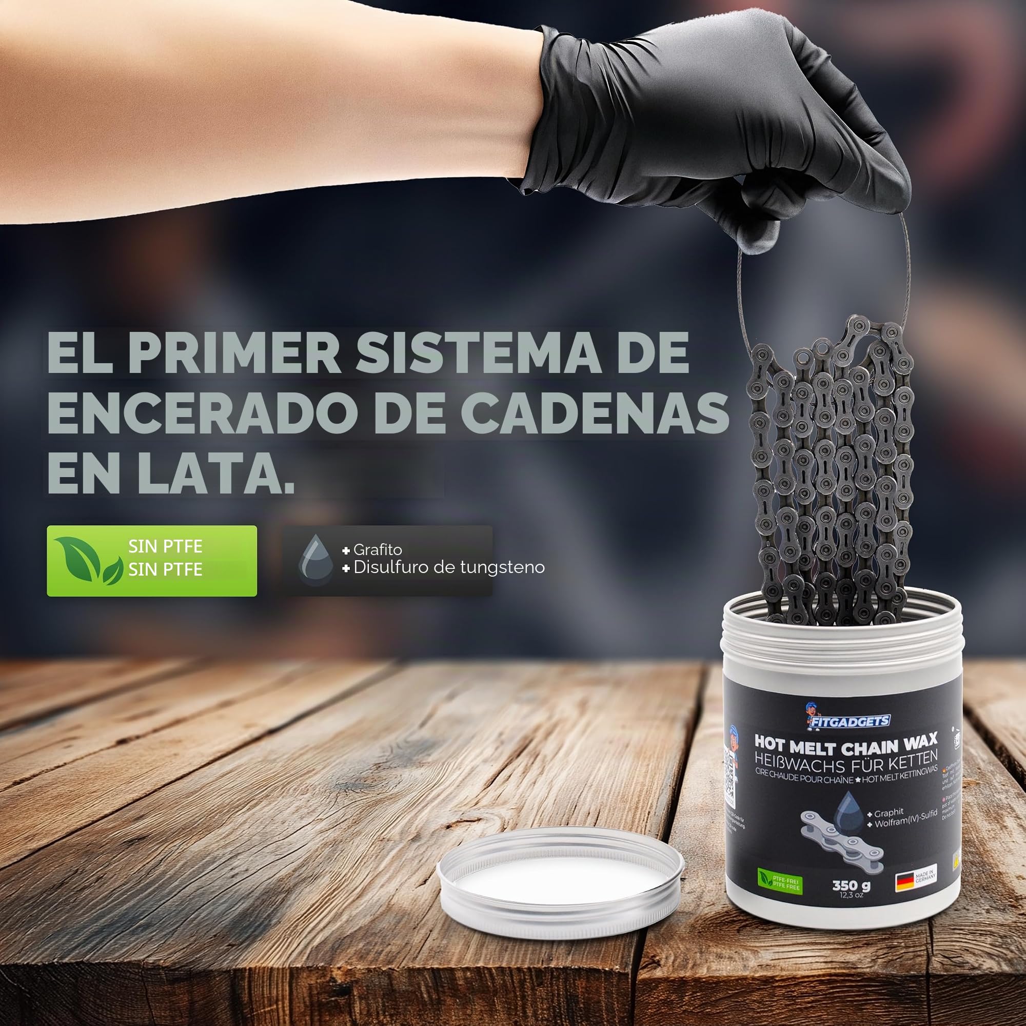 OH3 Fitgadgets - Cera para cadena de bicicleta en lata de cera caliente para calefacción, incluye 3 soportes para cadena, 350 g, cera de derretimiento con grafito y sulfuro de tungsteno, lubricante de