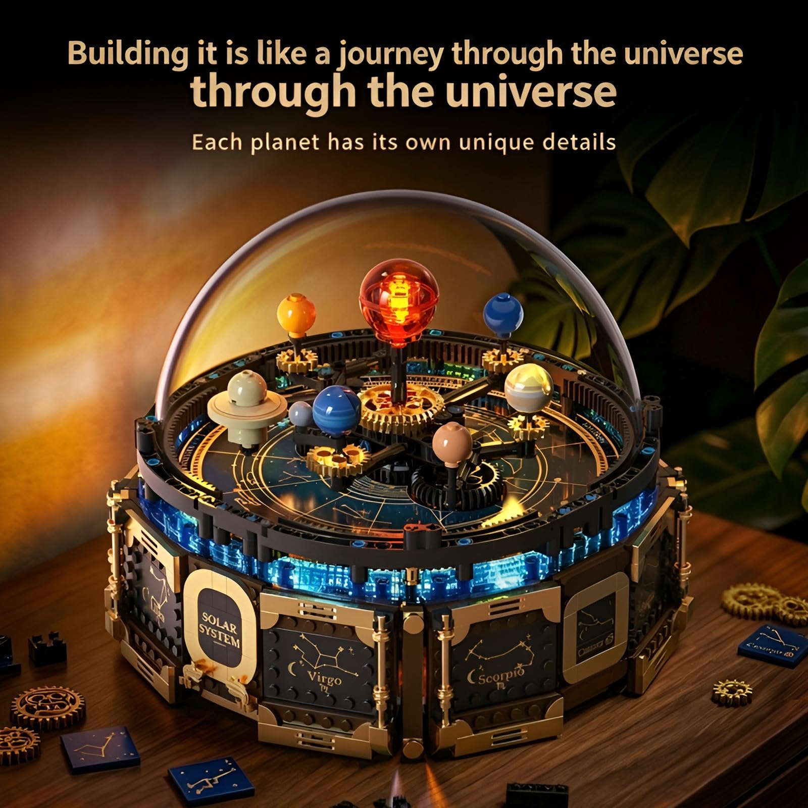 Technick Solar System Orrery Bausatz, 989Teile Rotierendes Planetenmodell mit Spieluhr, Astronomische Kuppelausstellung, Vintage Kosmische Deko, Kreative Geschenke für Weltraum-Enthusiasten