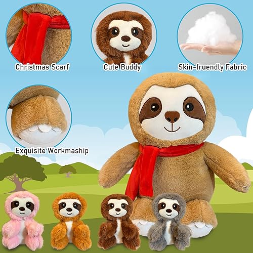 Miniatura 4 de Peluche de mamá perezosa con 4 bebés dentro del vientre, 5 piezas de juguetes de peluche de la serie perezosos abrazables, perezoso con bufanda de