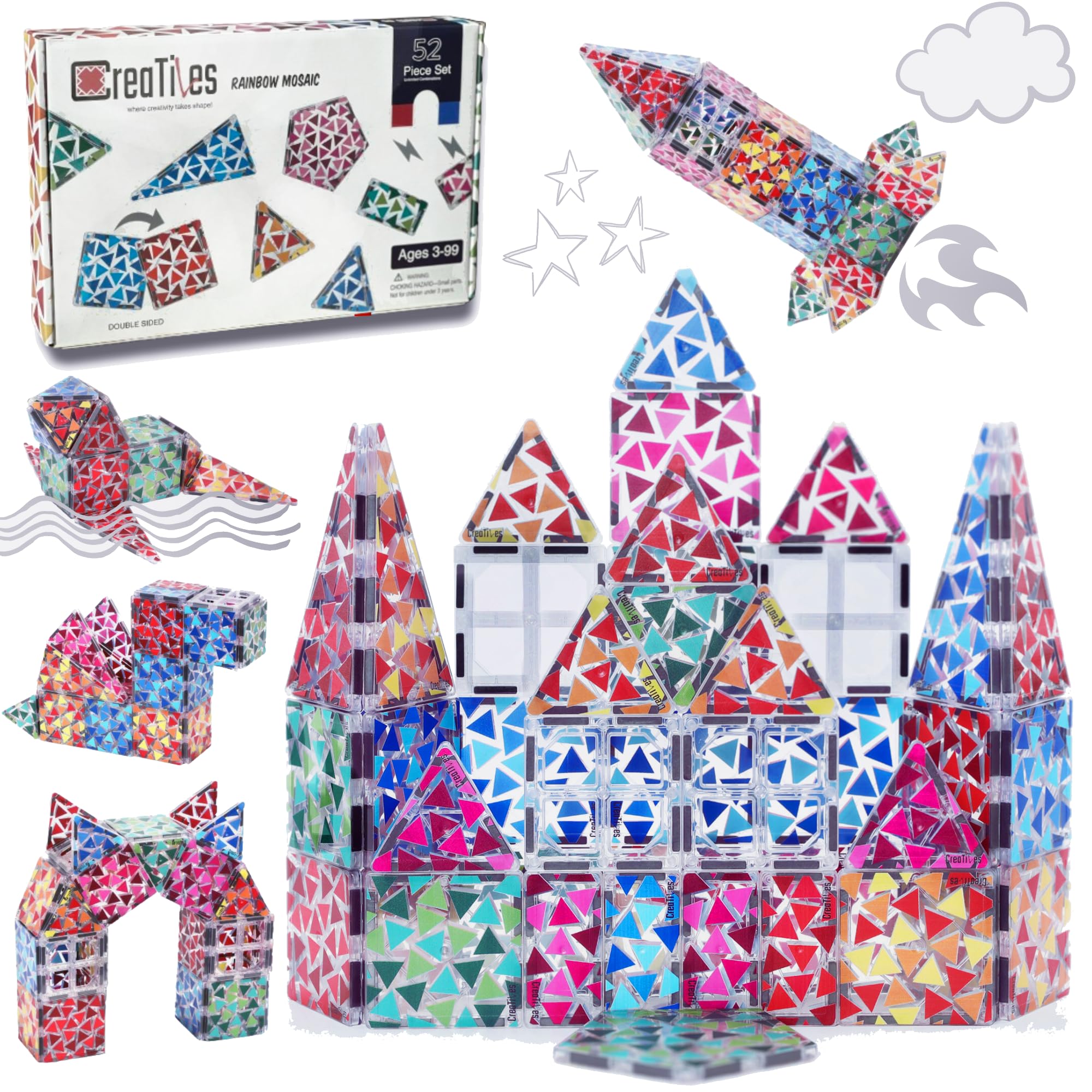 Magnetic Tiles Set - 52 PCS Double-Sided Color Tiles for Kids | Unique Geometric Design for More Creative Builds | STEM Toy for Ages 3 4 5 6 7 8 9+ Birthday Gift Boys & Girls