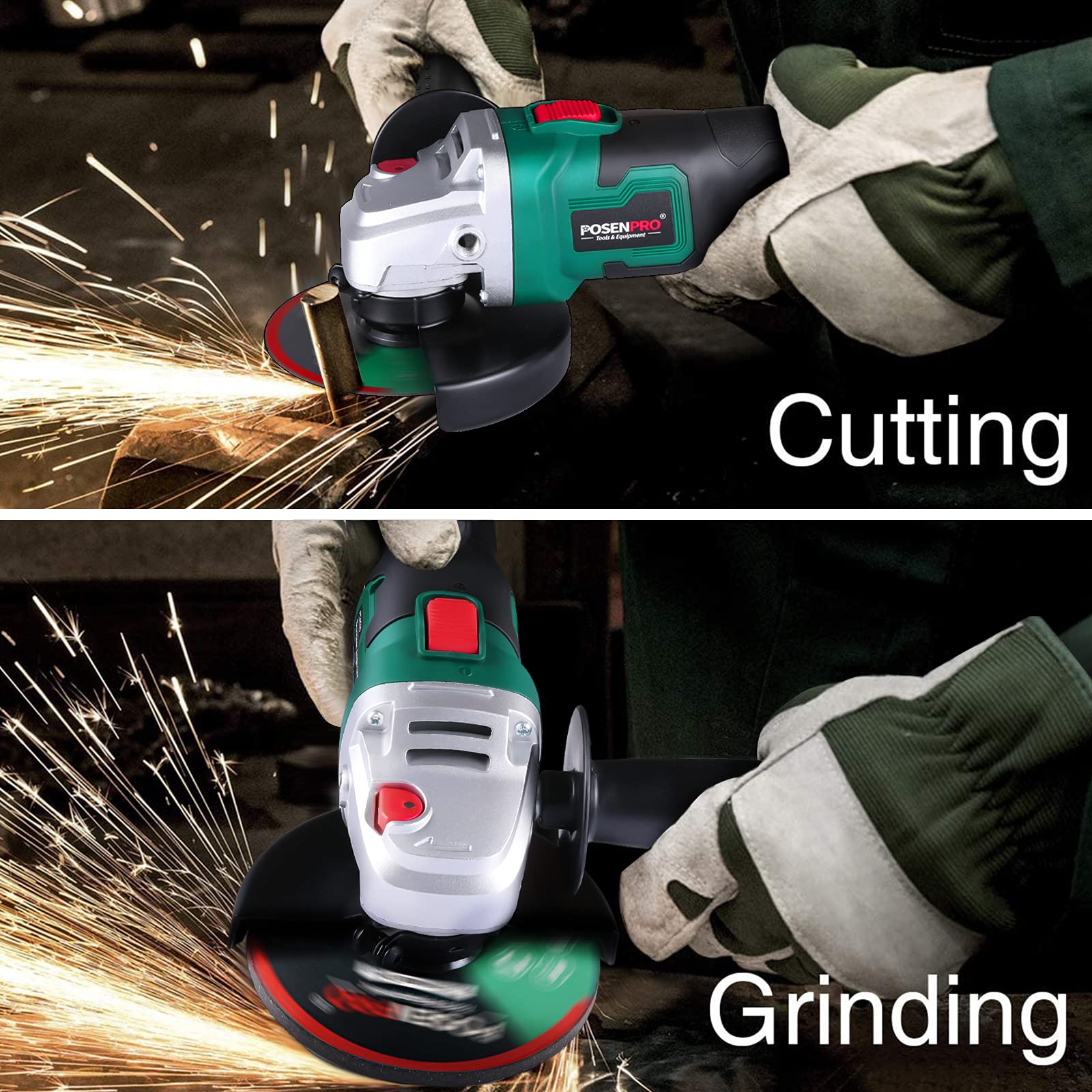 Amoladora Angular a Batería 125mm, POSENPRO Amoladora Angular 20V con Batería 4.0Ah y Cargador, Motor sin escobillas 8000RPM, para Cortar Pulido Azulejo de Cerámica Madera Piedra Acero