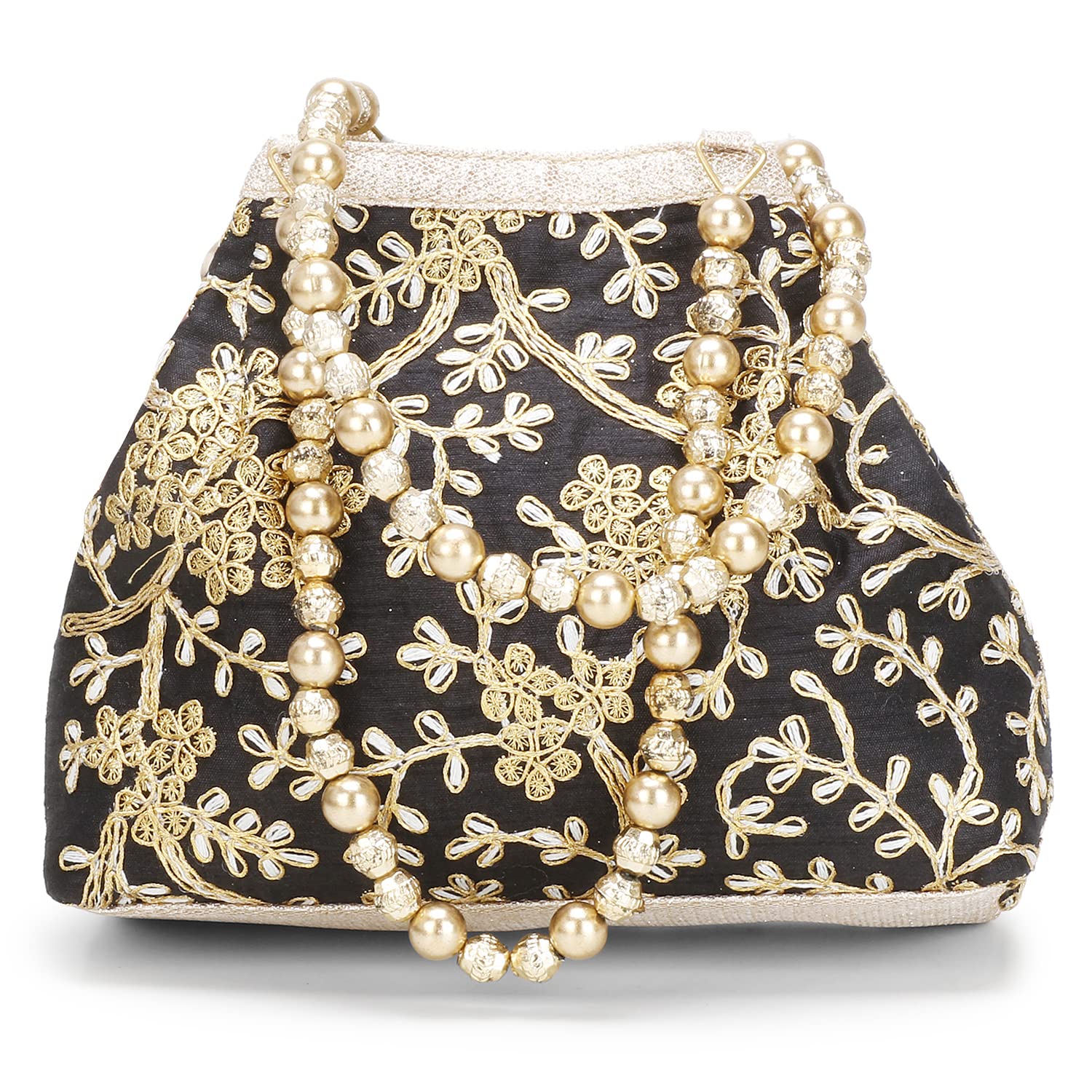 Shanvi handicraft Raw-Silk Designer Potli Bag for women with Golden Embroidery and Golden Pearl Handle Tassel (Black) (B09W5D7PHP) Amazon Price History, Amazon Price Tracker