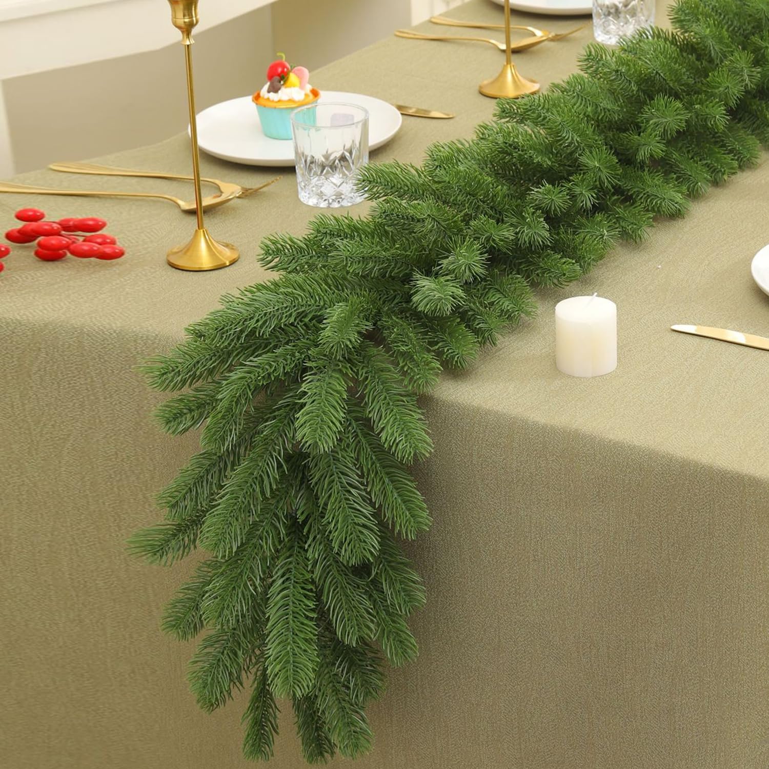 Ghirlanda di Natale Artificiale,5.91FT/1.8M Real Touch Stereo Pine Garland caminetti, per Tavolo, Mantello, Parete, Interni, Decorazioni Natalizie Aall'aperto,Verde