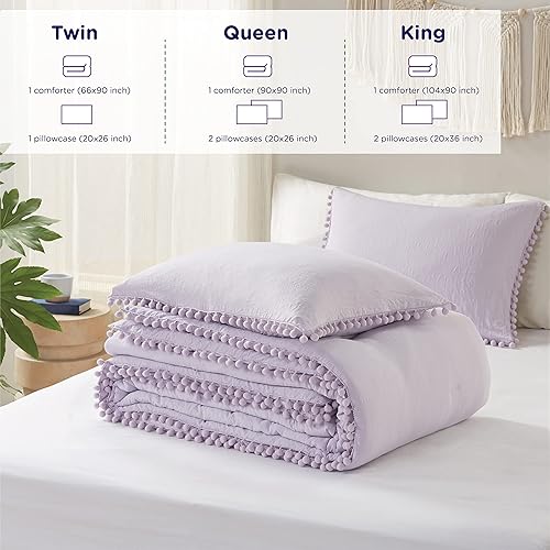 Miniatura 6 de Codi Juego de edredón bohemio de color morado lavanda para niñas, diseño estético de flecos con pompones, juego de ropa de cama de microfibra lavada