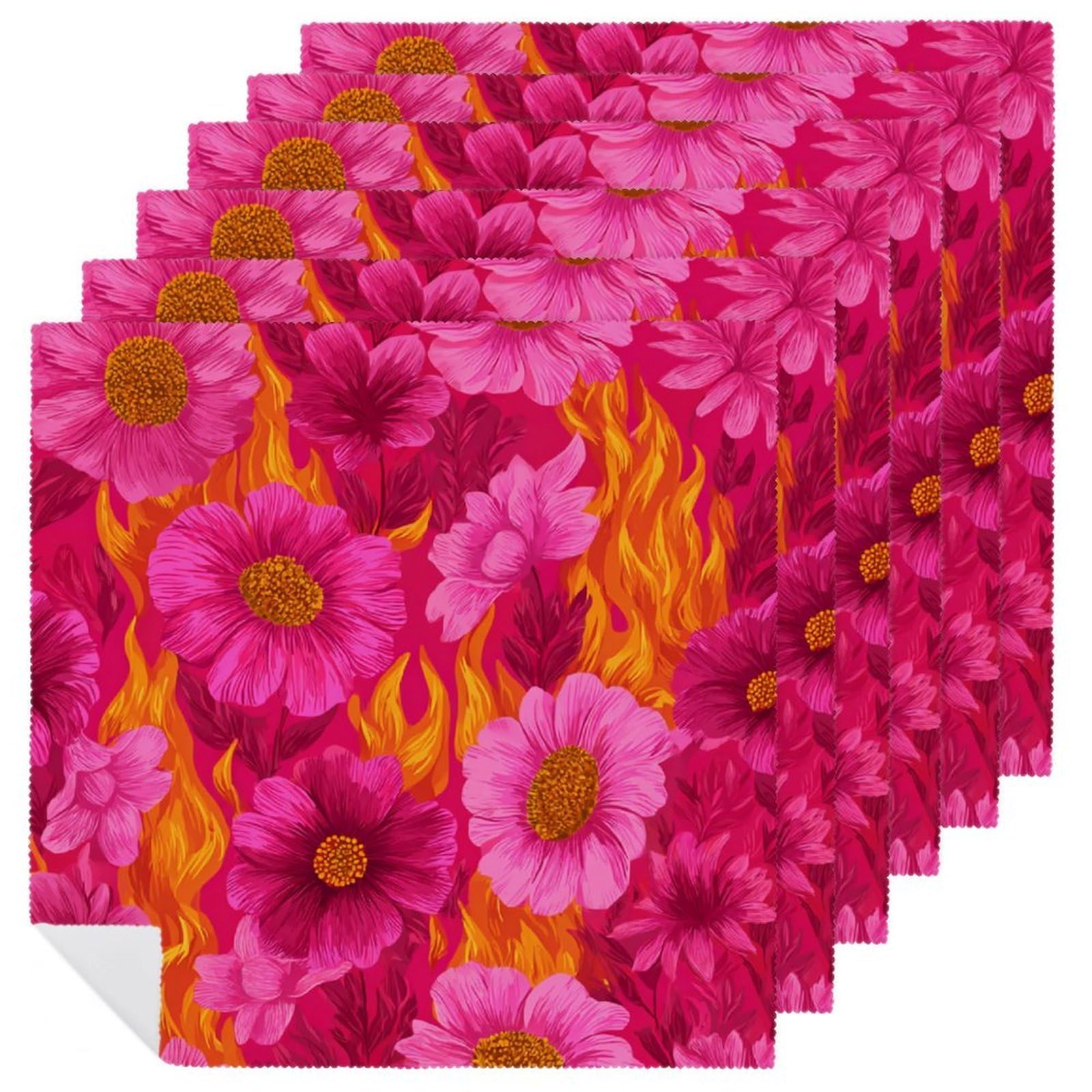 Summer Pink Florals with Neons Flames Cloth Napkins Set of 6, Square Premium Reusable Washable Polyester Table Linen Napkin for Dinner Party