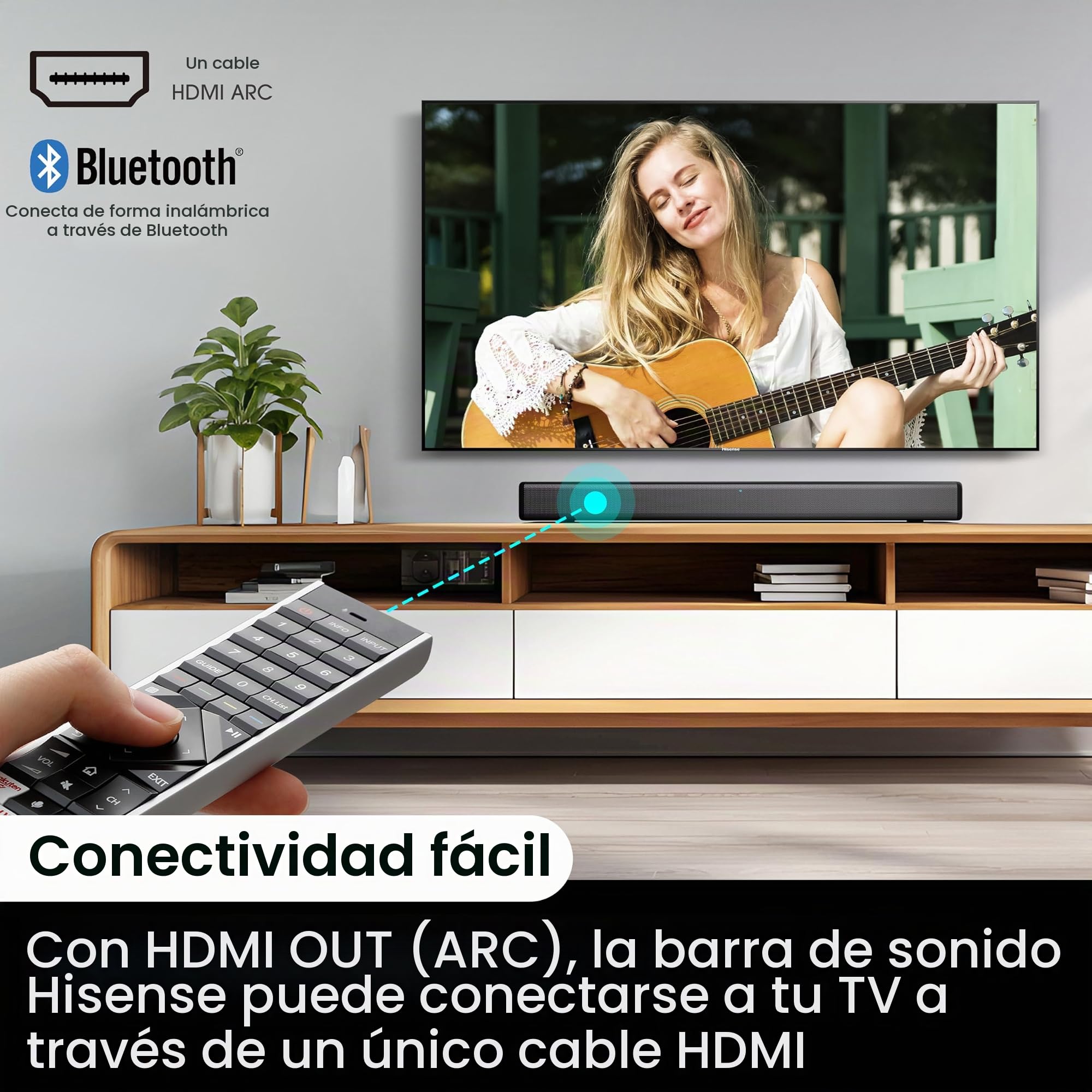 Hisense HS214 Barra de sonido de 2.1 canales, Con Subwoofer integrado, 108 W, Diseño Compacto todo en uno con Bluetooth, DolbyTV, HDMI ARC/Optical/AUX/ Audio, Roku USB, 3 modos EQ, Multicolo