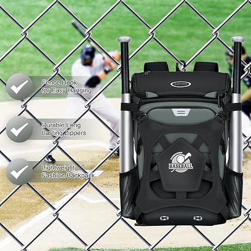 Miniatura 7 de Bolsa de béisbol para adultos y jóvenes, bolsa de béisbol de gran capacidad, bolsa de sóftbol ligera con compartimento para zapatos y gancho para