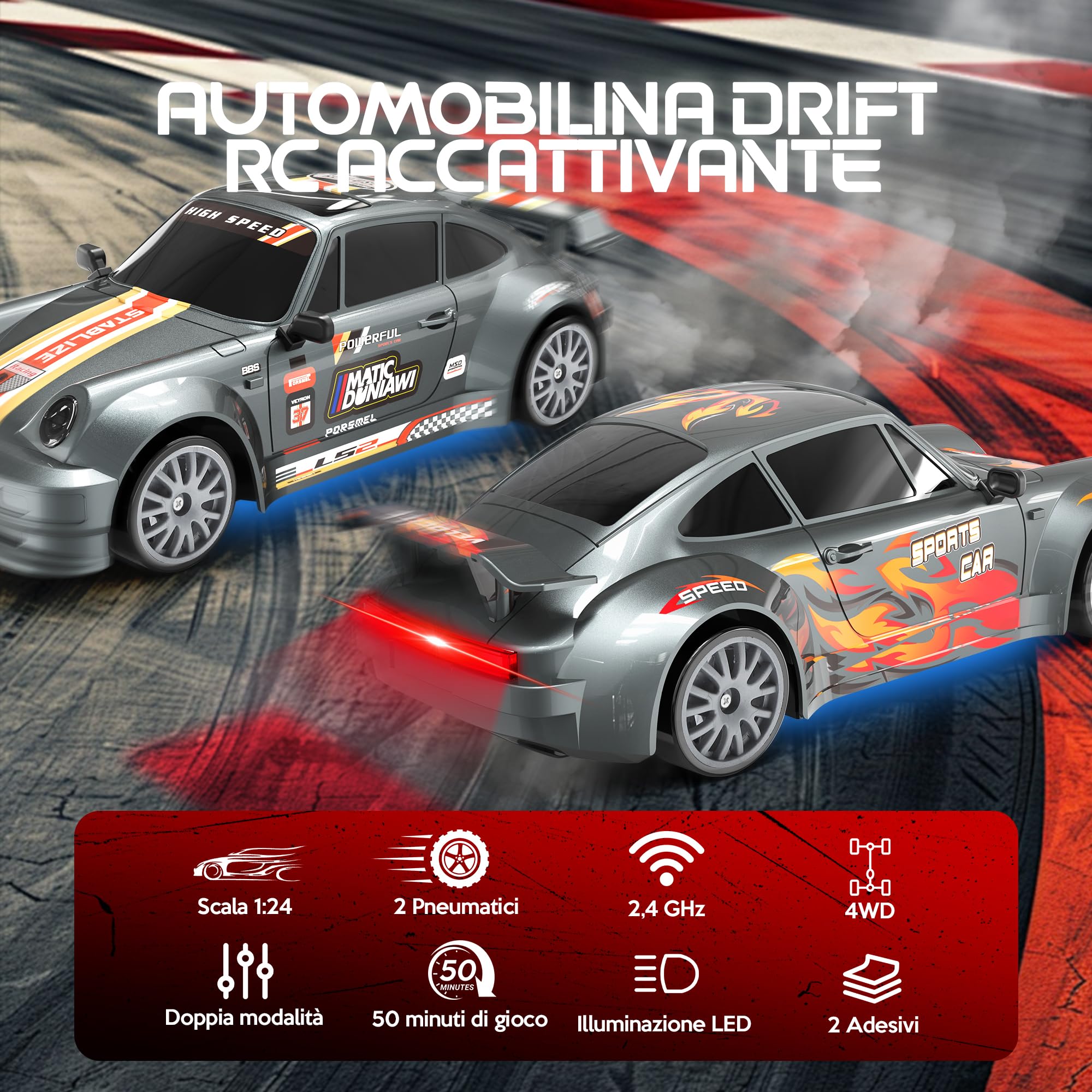 HappyGoLucky Macchina Telecomandata Drift, 1:24 Mini RC Drift Car, 2.4GHz, 10-15KM/H, 4WD Auto Telecomandata con Luce LED, Auto RC Giochi Regalo Bambini 3-12 Anni Maschio - Regali Natale Bambini