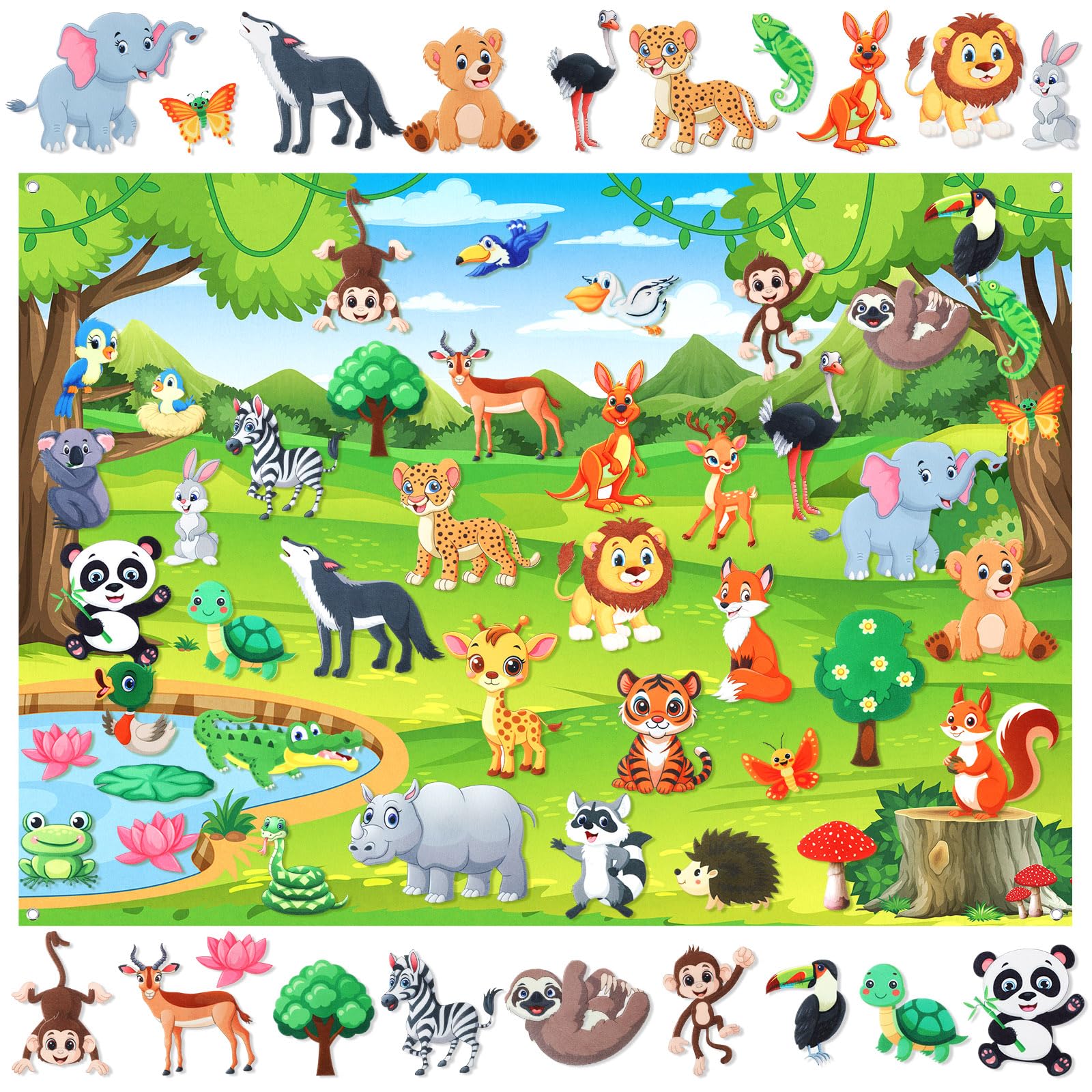 MiniInflat Jungle Animals Felt Board Story 41 Pcs Safari Theme Felt Storyboard Wild Animal Flannel Storyboard Jungle Safari Zoo Themed Flannel Board for Interactive Storytelling Birthday Hanging Gift