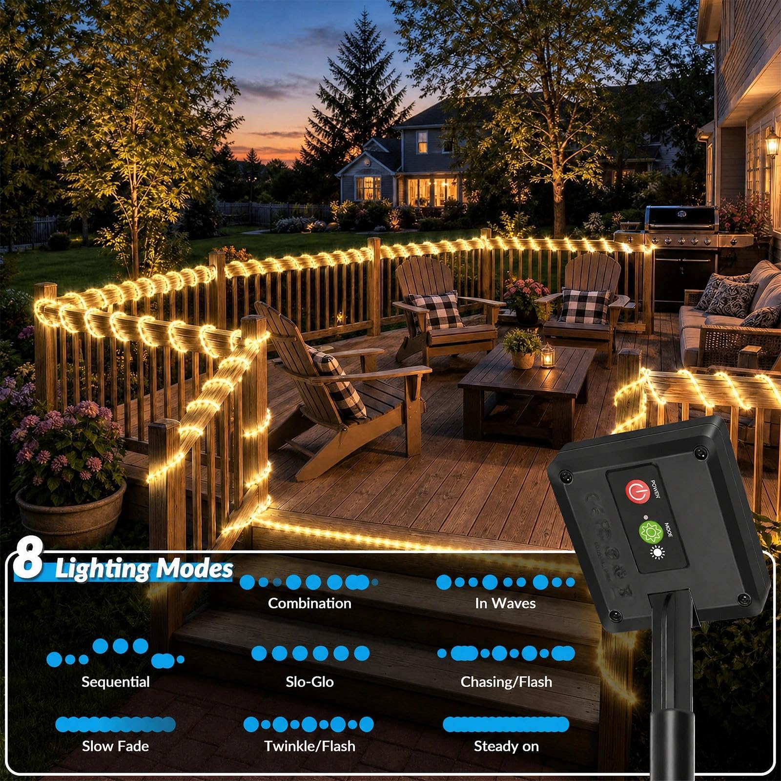 Guirnalda de luces solares, 20 pies, 60 luces LED solares con 8 modos de iluminación, tira de luz impermeable IP65 al aire libre para jardín, patio, terraza, valla, árbol, fiesta, decoración
