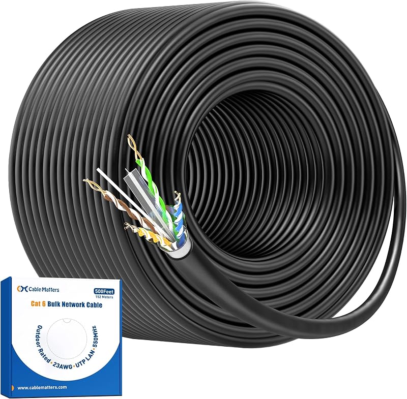 Cable Ethernet Cat6 para exteriores de 10 Gbps, 23 AWG, 500 pies, negro | Cable Cat 6 a granel resistente a los rayos UV, de cobre sólido desnudo, UTP, 550 MHz, resistente a la intemperie para cámaras IP PoE