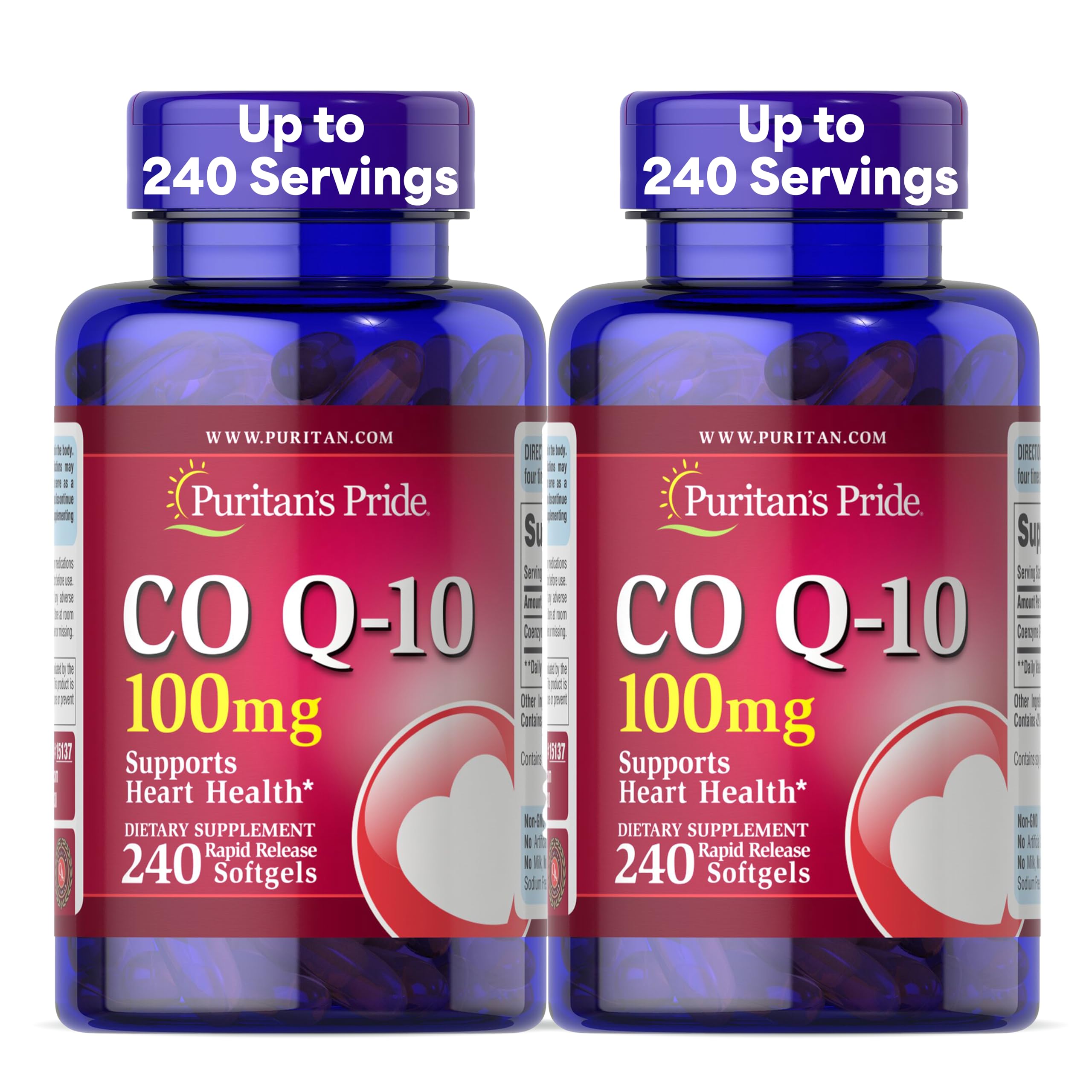 Puritan's Pride Coenzyme CoQ10 100mg, Dietary Supplement for Heart Health, Blood Pressure, Oral Gum Health, and Healthy Aging Support, 240 Rapid Release Softgels, 2-Pack
