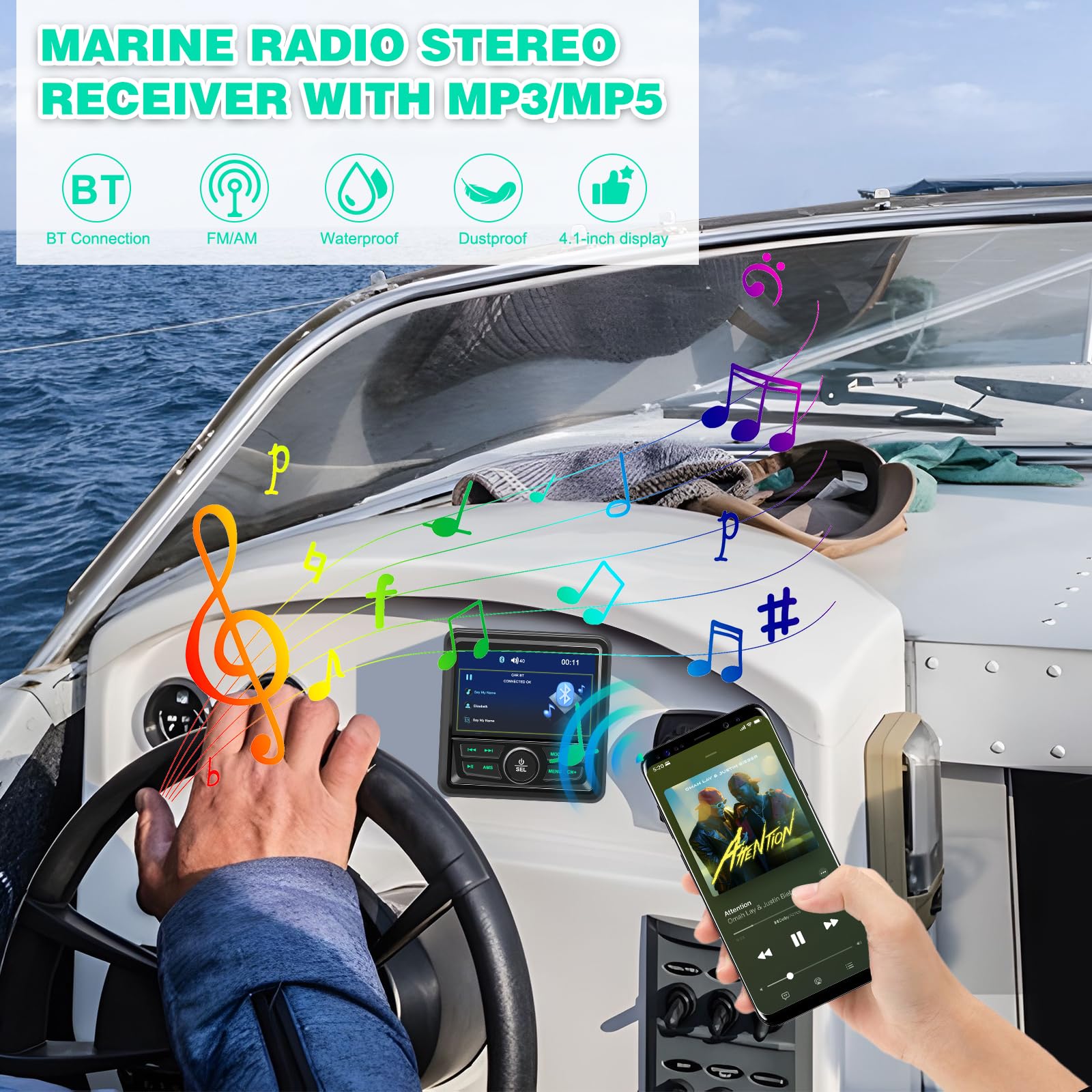 Geloo Marine Boot Stereo Radio Wasserdicht, MP5 Multimedia-Player mit 4.1” LED Digital Display, AM/FM Radioempfänger Universal für Boote, Yachten BZRs und Golfwagen, ATVs