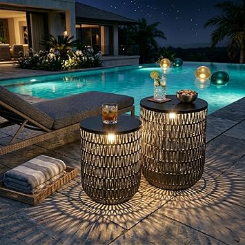 HMVPL Solar Patio Side Table Set of 2 with Dimmable Light, Round Outdoor Side Table for Patio, Outdoor End Accent Tables, Plastic Rattan Outside End Table for Poolside Backyard Gazebo, Dusk to Dawn