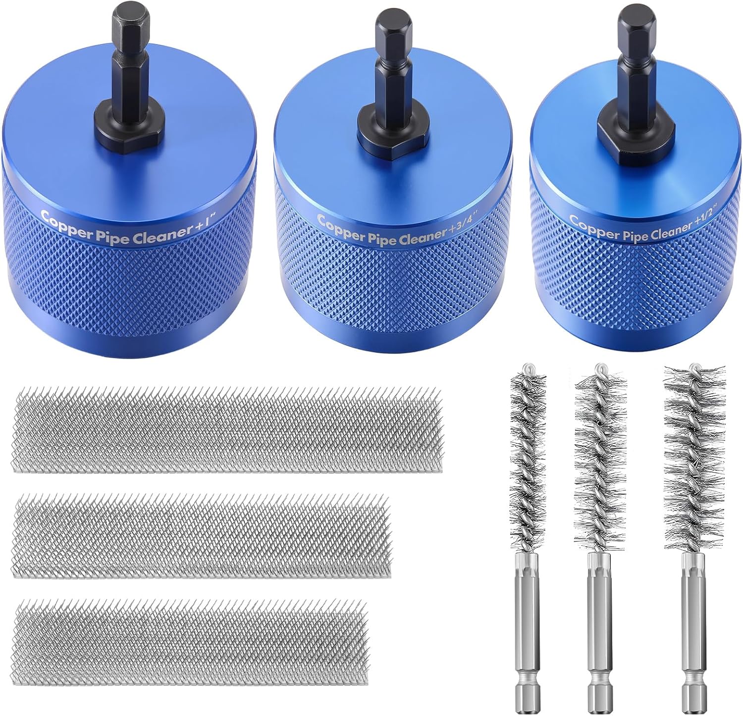 1/2", 3/4", 1" Copper Pipe Cleaner for Drill Set Includes External Stainless Steel Wire Bore Brushes, Internal Tube Cleaning Brushes, Replacement Plumbing Tools (9 Pcs)
