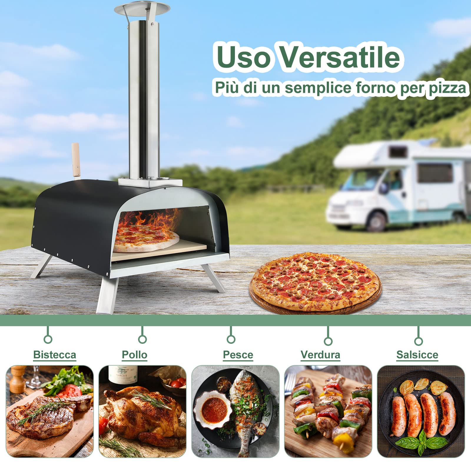 GYMAX Forno per Pizza all’Aperto, Forno per Pizza a Legna con Pietra per Pizza da 33 cm, Protezione Antincendio, Camino Rimovibile, Forno per Pizzaioli Portatile per Cortile, Campeggio, Cucina