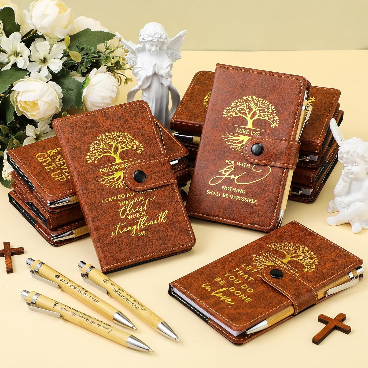 Spakon 20 Pcs Mother's Day Christian Gifts Bulk Leather Prayer Journal Religious Scripture Notebook with Bible Verse Pens for Graduation Coworker Women Men Church Members (English Tree of Life)
