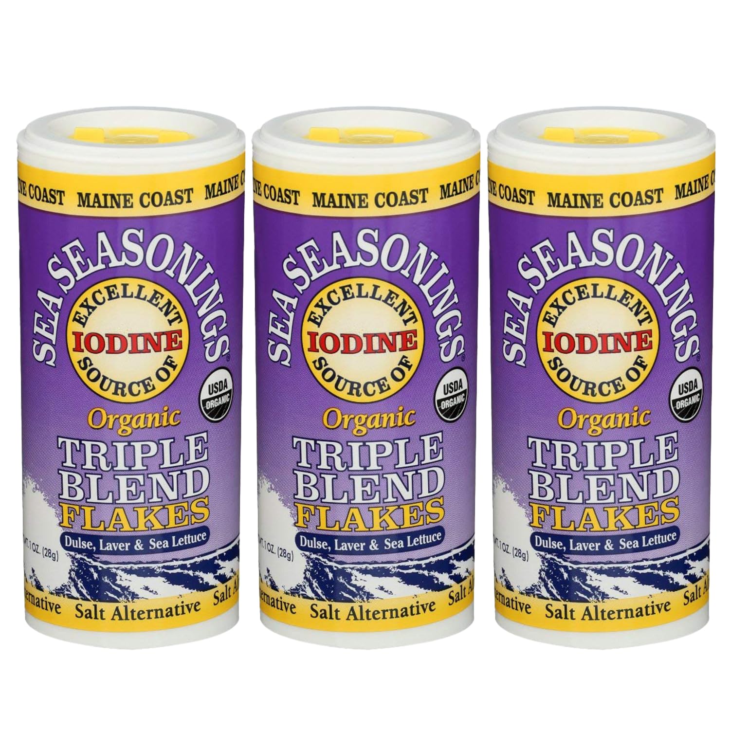 Maine Coast Sea Vegetables Organic Triple Blend Flakes Shaker, Mix of Dulse, Laver, Sea Lettuce Seaweed, Perfect for Salads, Soups, Snacks, Gluten-Free, Iodine-Rich Seasoning, 1 oz, 3-Pack