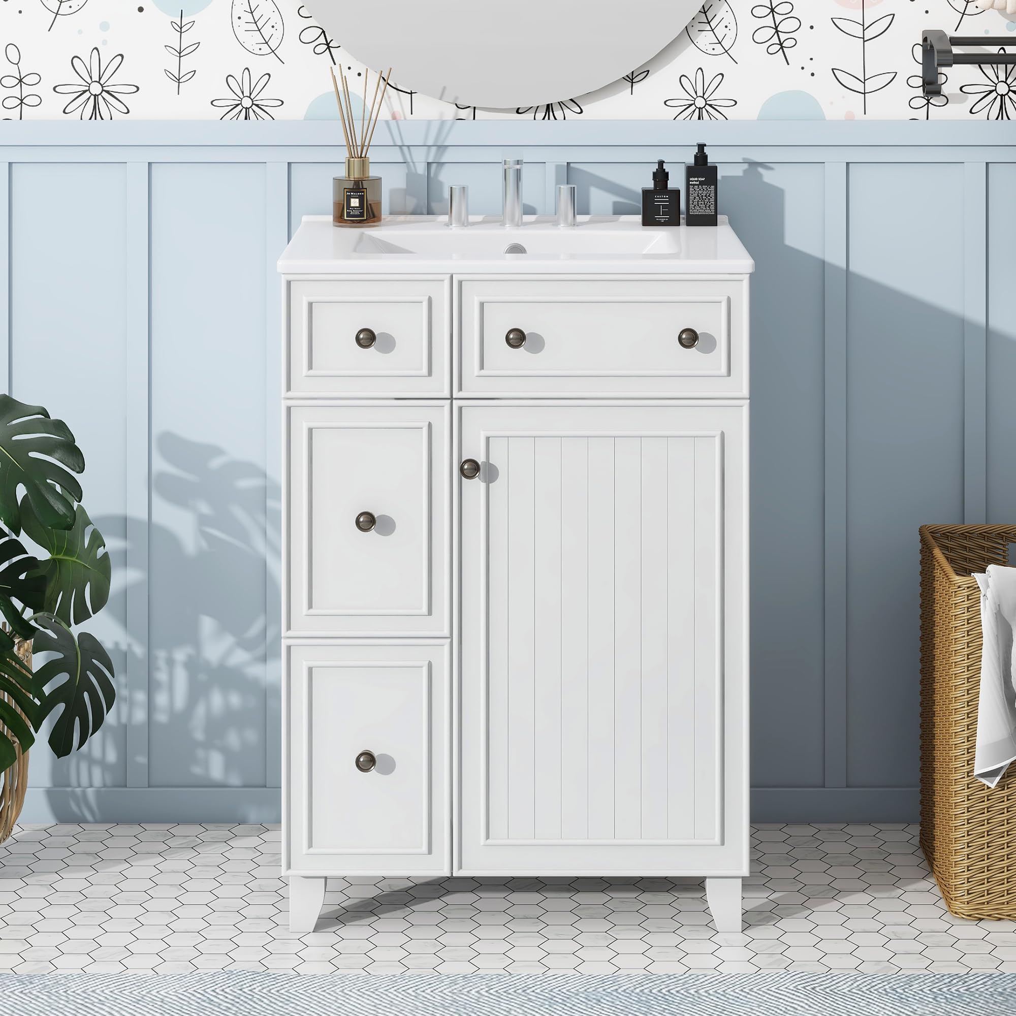 SmartEdge 24 Inch Bathroom Vanity Cabinet with Sink, 2 Drawers, 1 Soft Close Door, Free Standing Storage Cabinet with Ceramic Basin, Modern Single