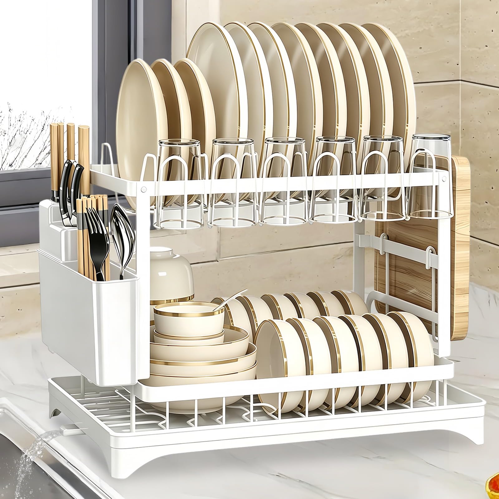 LLHONG 2 Tier Dish Drainer Rack for Kitchen Counter, Dish Drying Rack