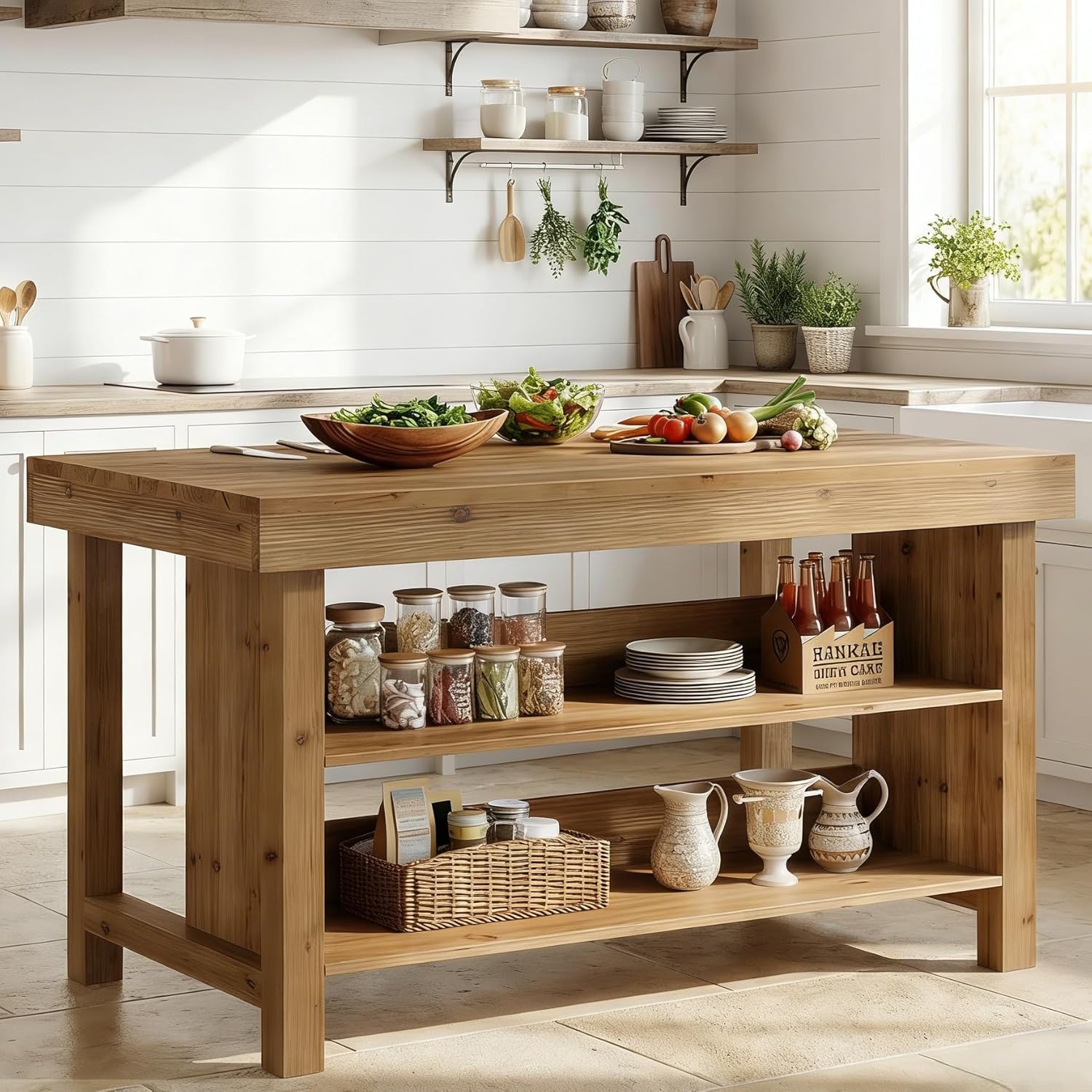 55" Solid Wood Kitchen Island with Storage, Farmhouse Kitchen Island Table with 3-Tier Open Shelves and Large Countertop for Kitchen, Dining & Living Room, Natural Oak
