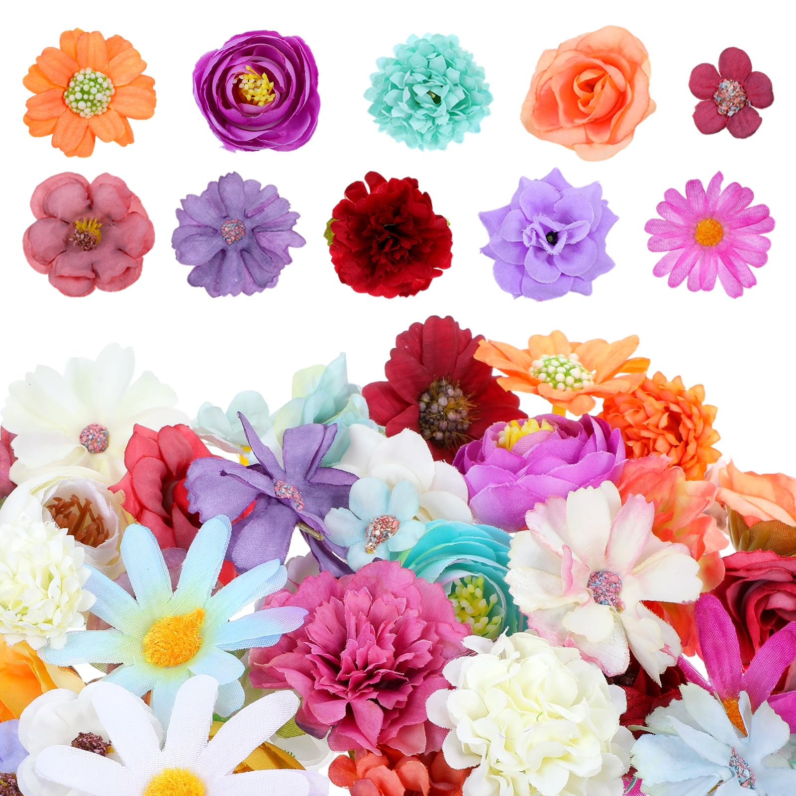 50PCS Artificial Flower Heads for Decoration, Fake Flower for Crafts, Mini Flowers Rose Daisy Craft Supplies for DIY Wedding Party Baby Shower Wreath Graduation Season Party Home Decor Multicolor